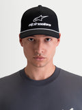 Alpinestars Combo Logo Snapback Hat, Motorcycle Sportswear Cap, Unisex, Black and White, Features Curved Bill, Structured Crown, and Embroidered Astars Logo, 100% Cotton Twill, On-Model Front View.