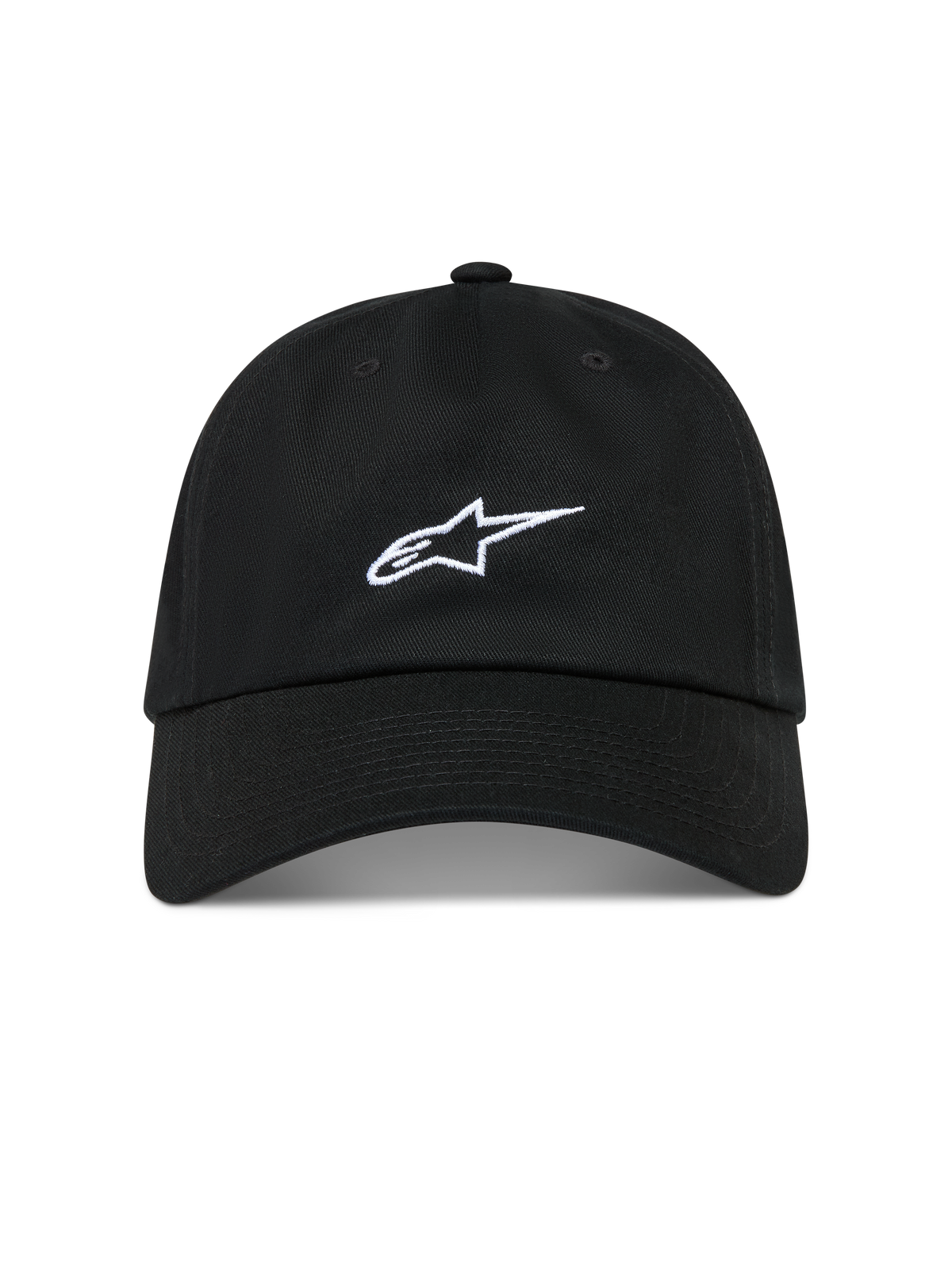 Alpinestars Dylan Dad Hat, Black Sportswear Cap with White Astars Logo, Curved Bill, Unstructured Low Crown, Cotton Twill.