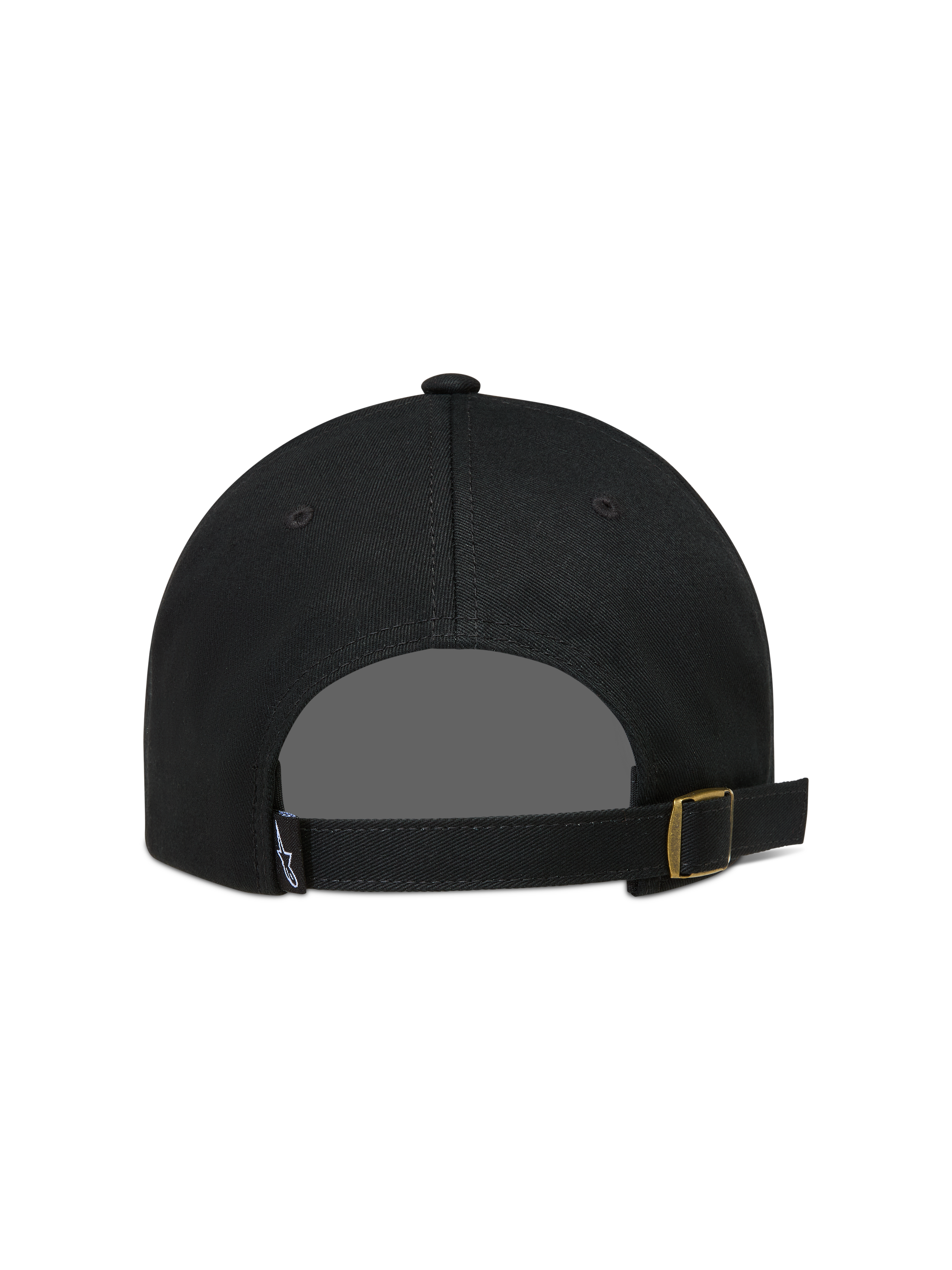 Alpinestars Dylan Dad Hat, black twill sportswear cap featuring an adjustable strap-back closure with a metal buckle.