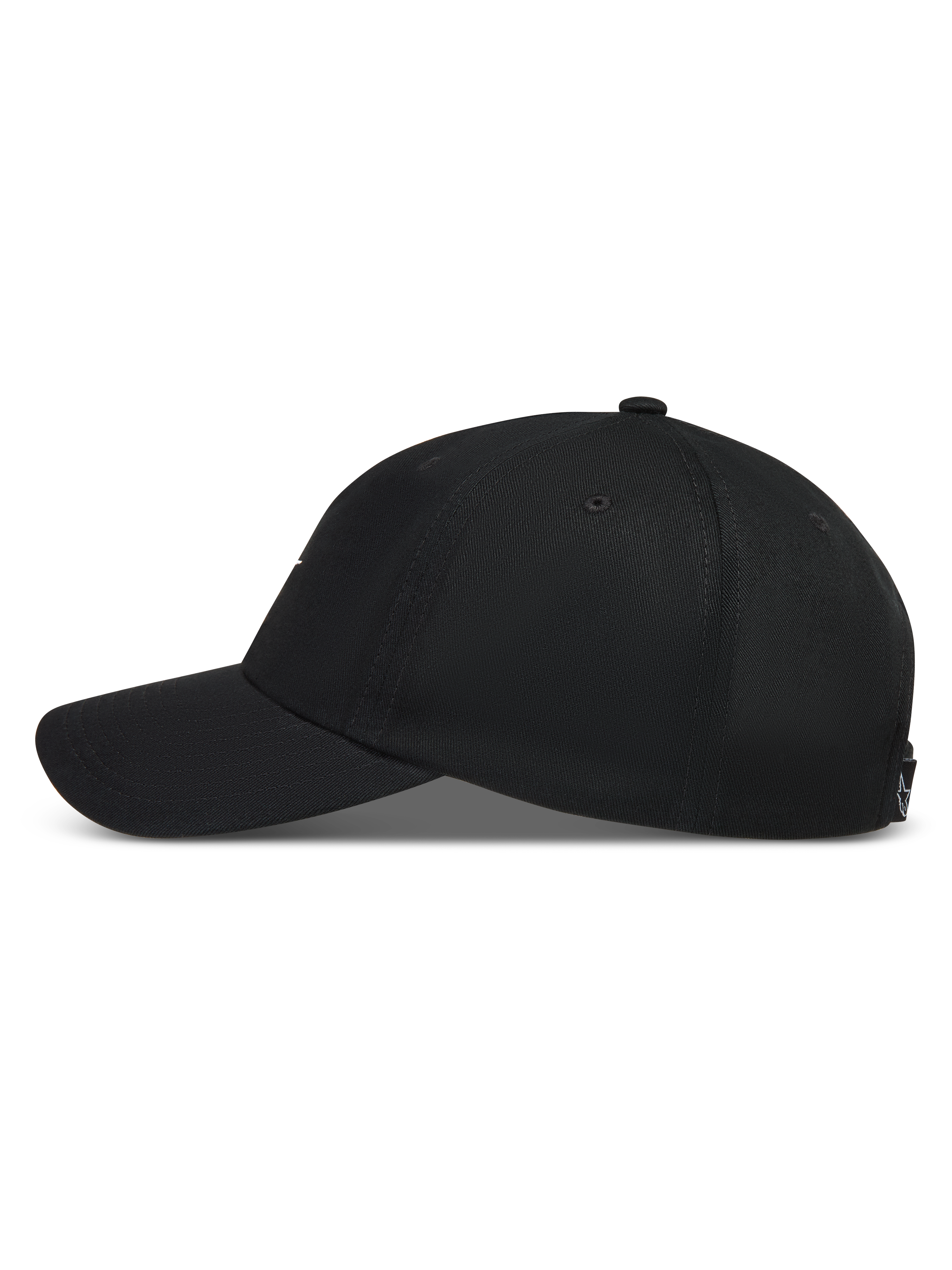 Alpinestars Dylan Dad Hat, black sportswear cap with a curved bill and unstructured twill crown, side profile view.