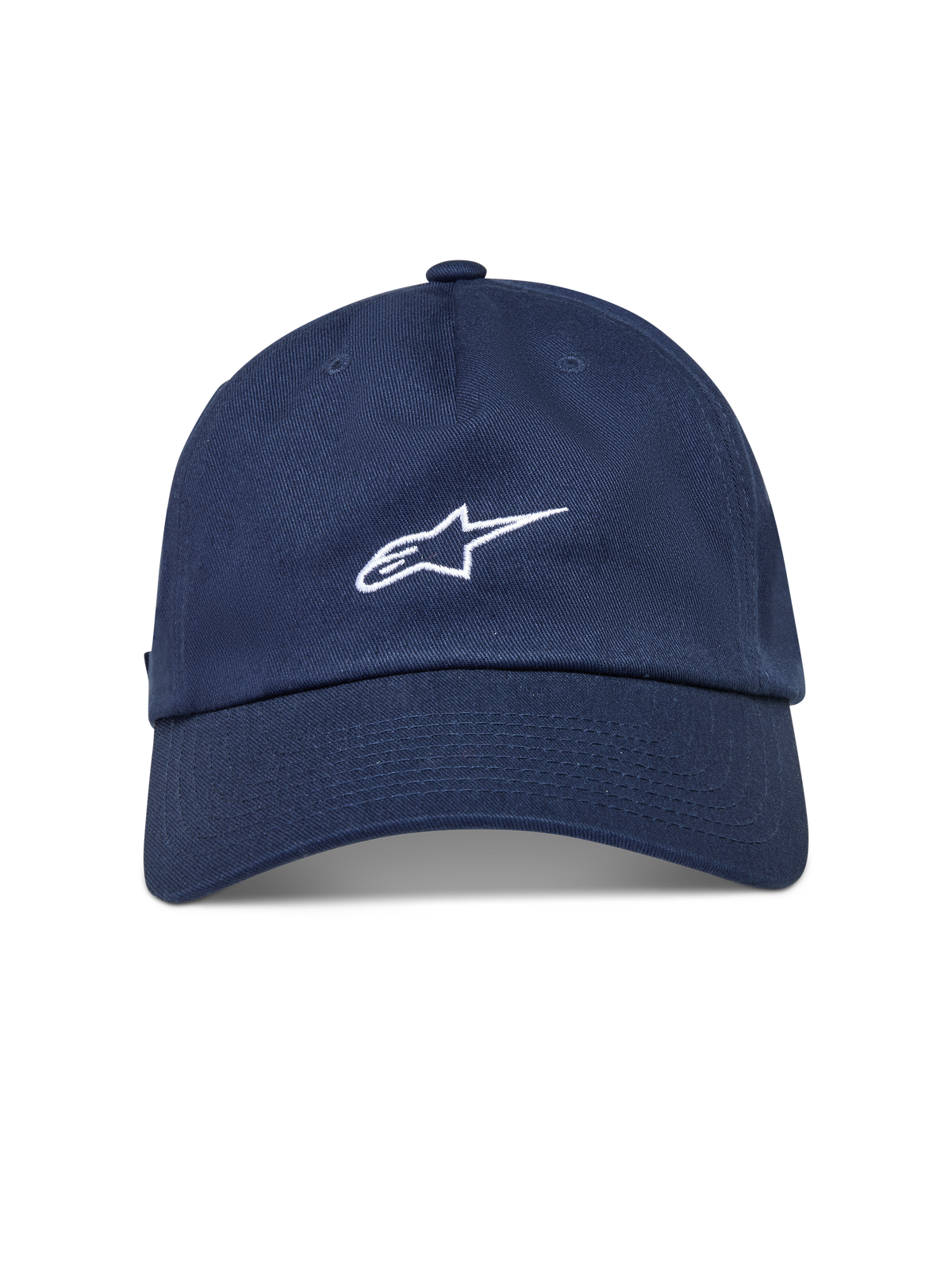 Alpinestars Dylan Dad Hat, navy blue cotton twill sportswear cap featuring a white embroidered Astars logo.