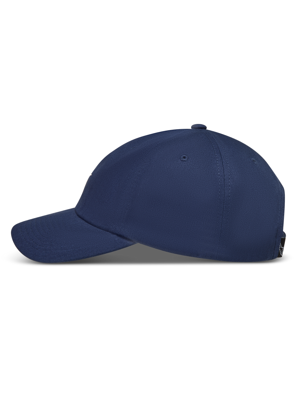 Alpinestars Dylan Dad Hat, Navy Blue sportswear baseball cap featuring a curved bill and unstructured crown, side view.
