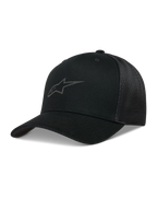 Alpinestars Augment Trucker Hat, black sportswear cap with curved bill, twill front, diamond mesh back, and puff print logo.