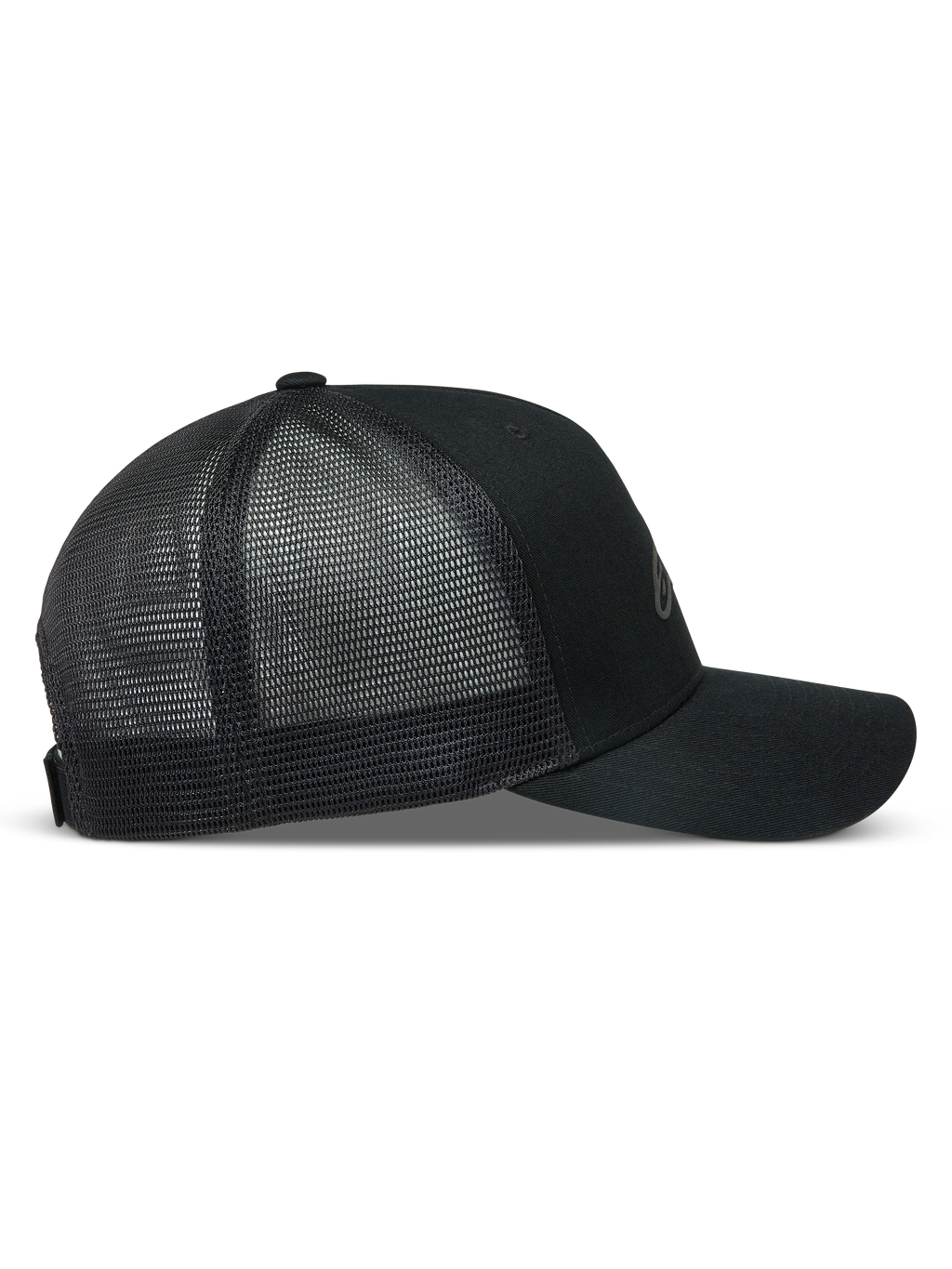 Alpinestars Augment Trucker Hat, Black Sportswear Cap with curved bill, structured crown, twill front, and diamond mesh back.