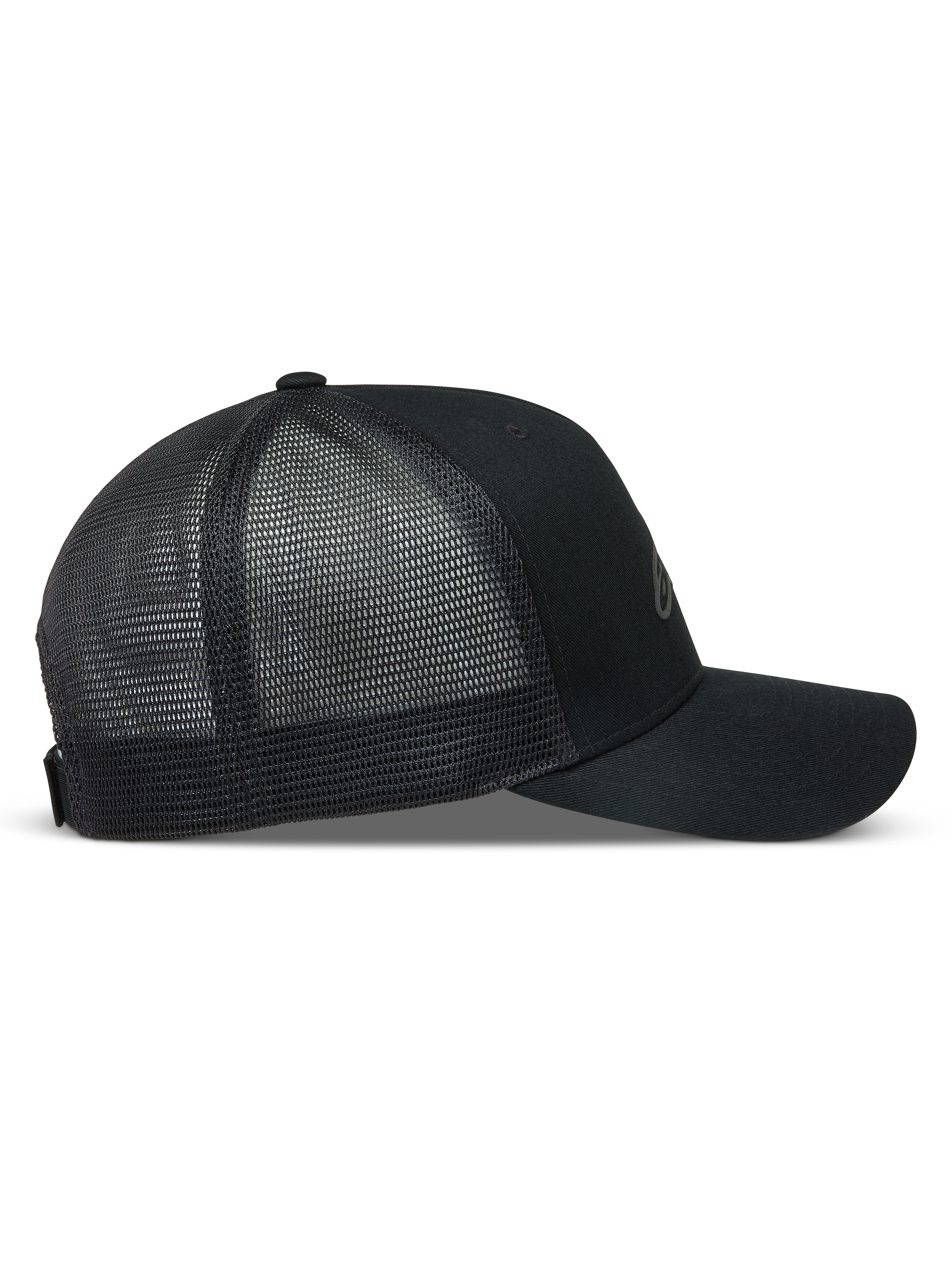 Alpinestars Augment Trucker Hat, Black Sportswear Cap with curved bill, structured crown, twill front, and diamond mesh back.