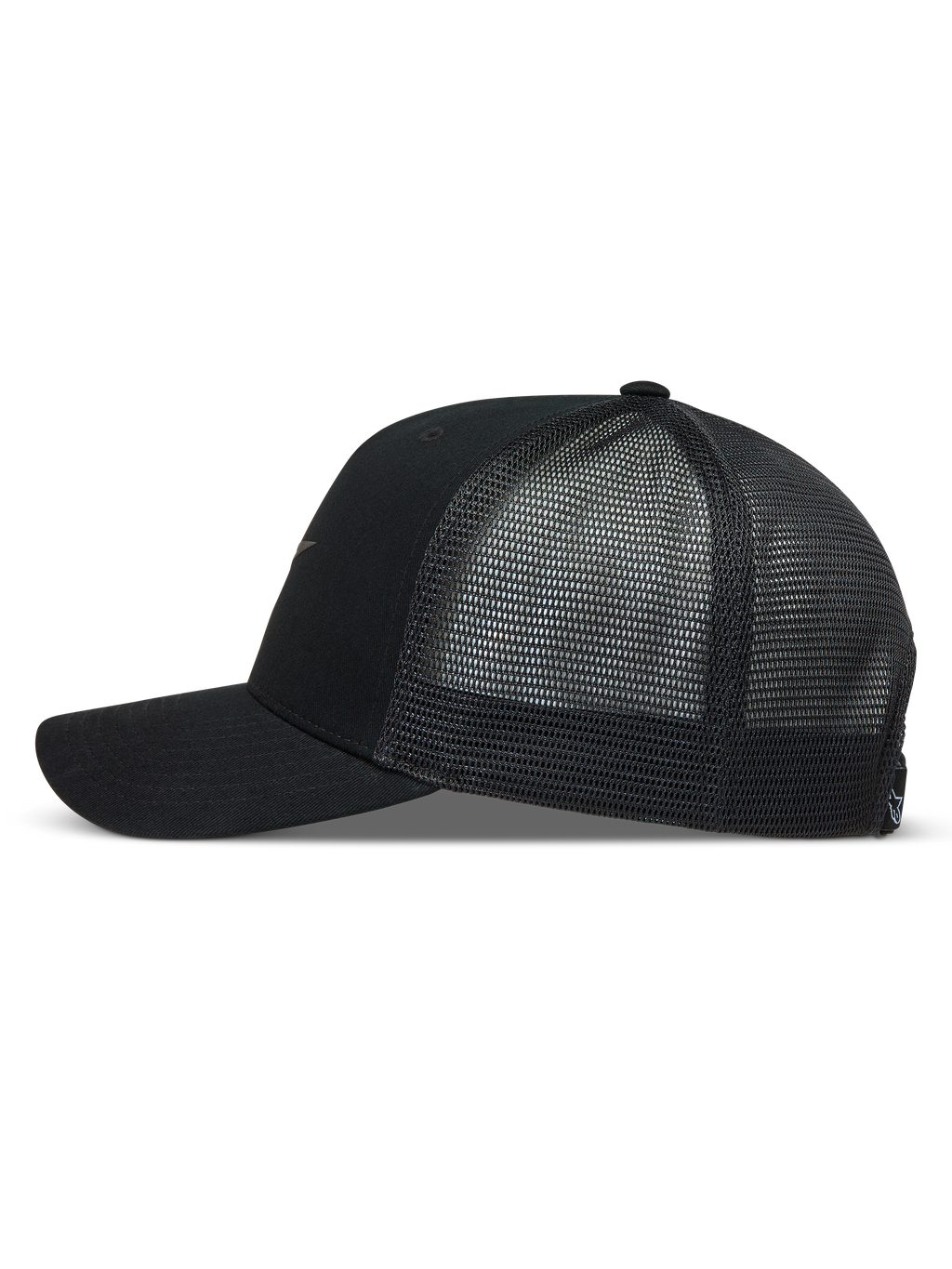 Alpinestars Augment Trucker Hat in Black, side view with a twill front, curved bill, and breathable diamond mesh back.