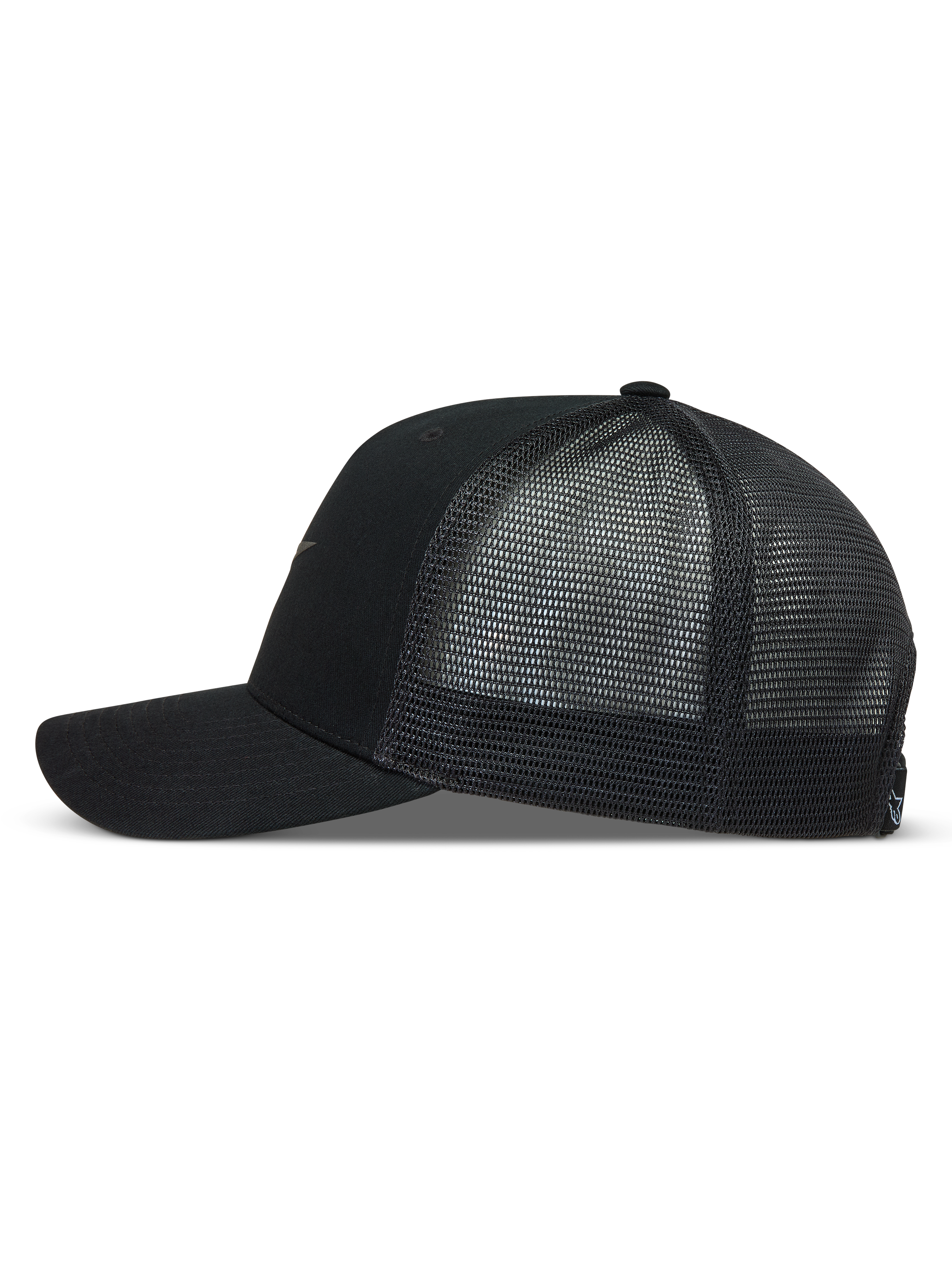 Alpinestars Augment Trucker Hat in Black, side view with a twill front, curved bill, and breathable diamond mesh back.