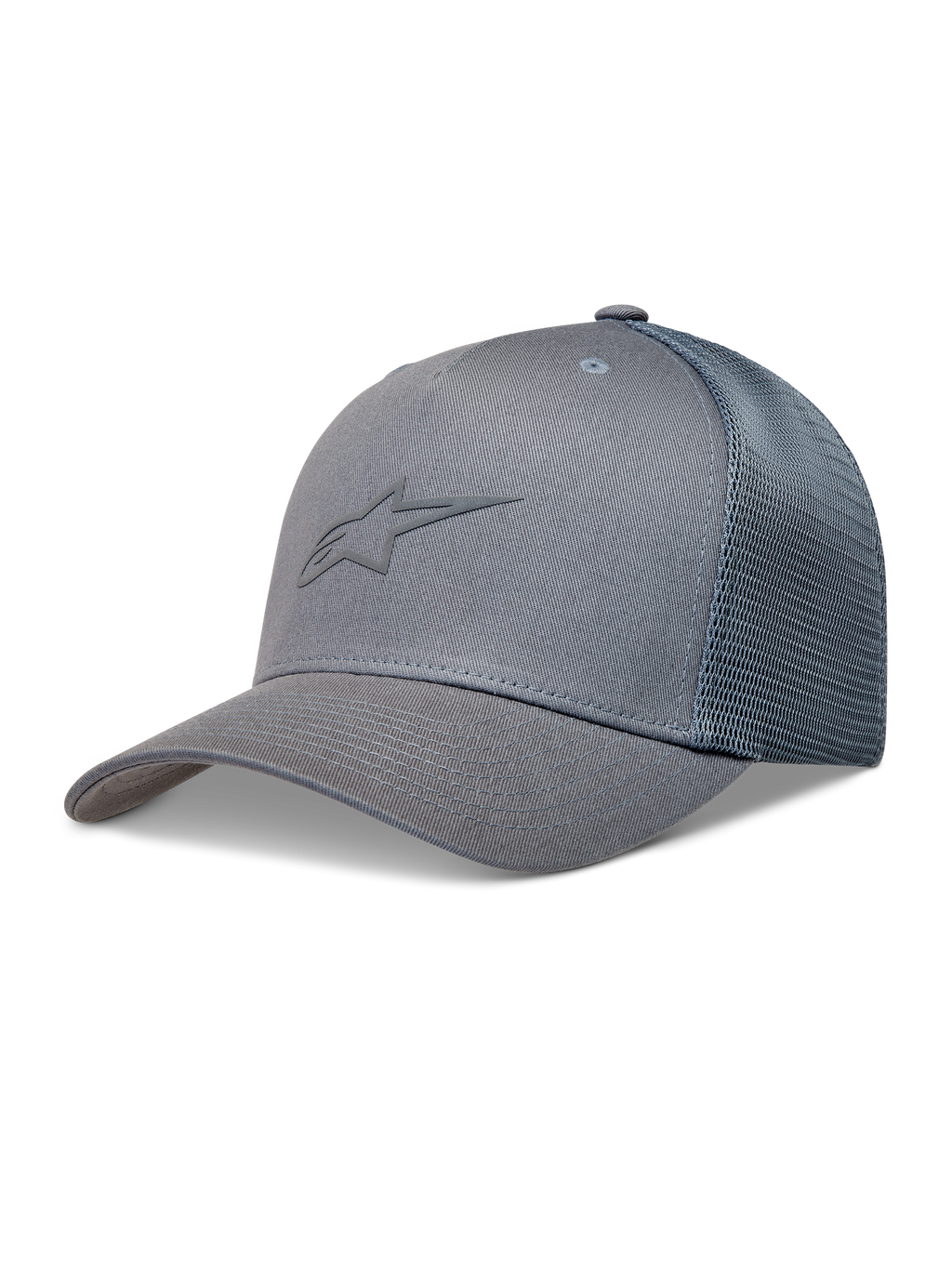 Alpinestars Augment Trucker Hat, Sportswear Cap, Grey, featuring a curved bill, structured crown, and breathable diamond mesh back.