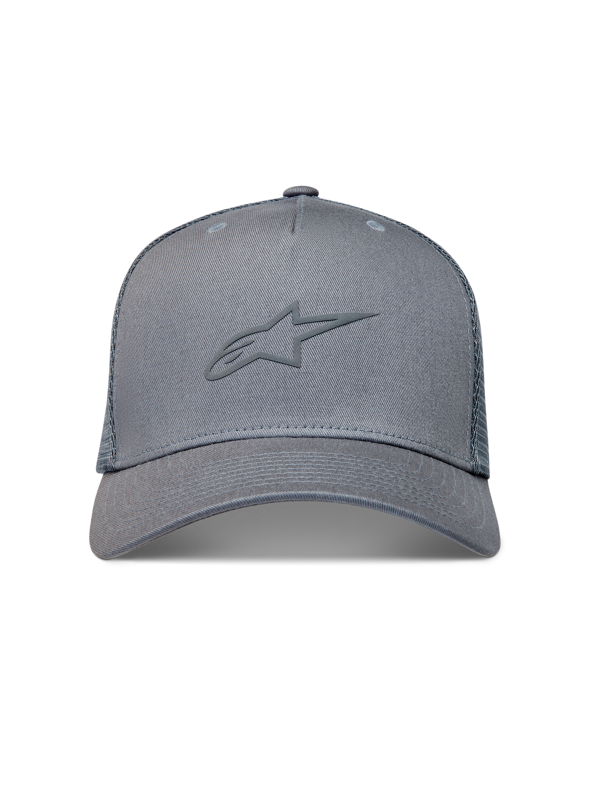 Alpinestars Augment Trucker Hat, grey sportswear cap with a textured puff print logo, curved bill, and diamond mesh back.