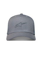 Alpinestars Augment Trucker Hat, grey sportswear cap with a textured puff print logo, curved bill, and diamond mesh back.
