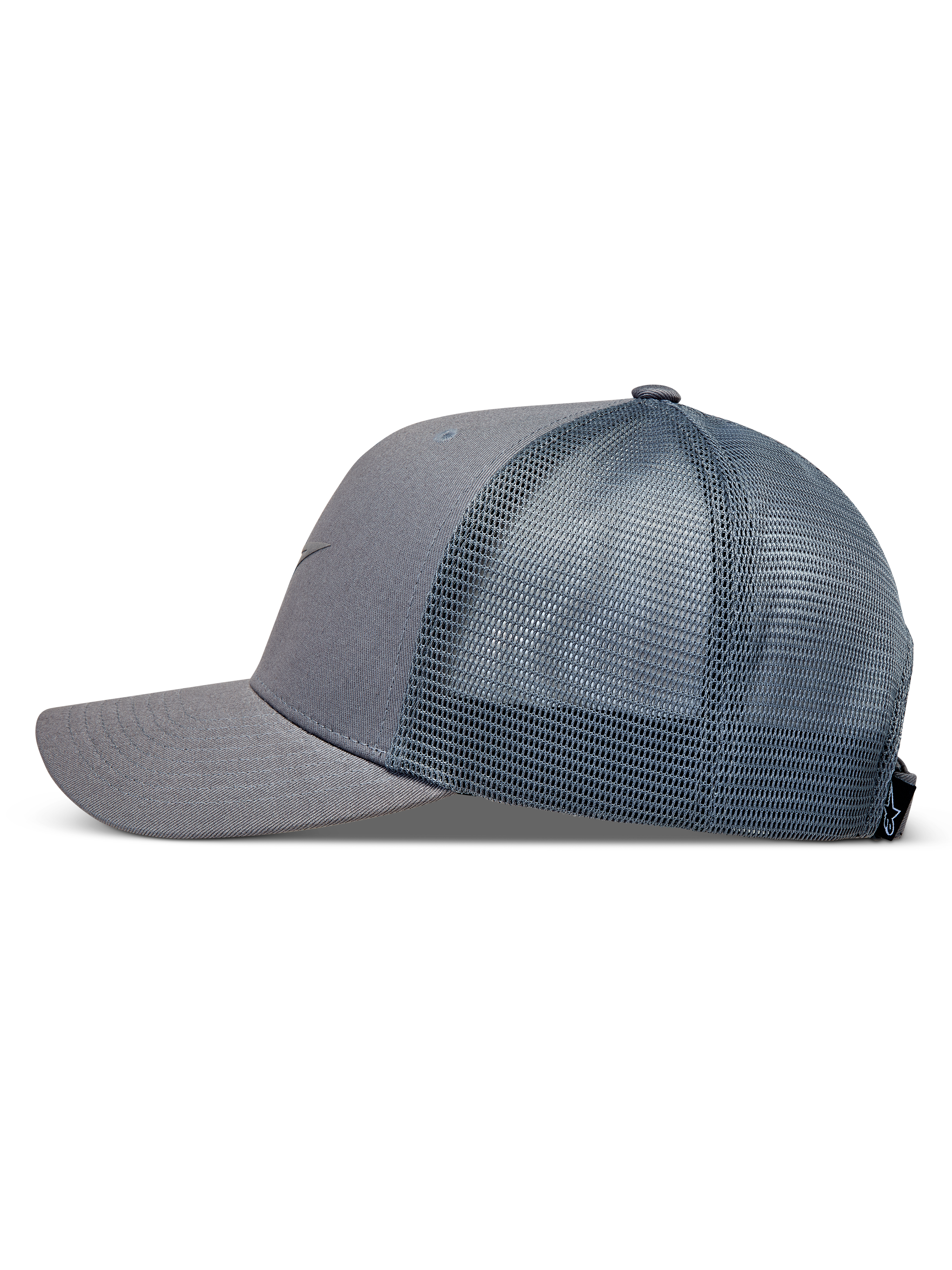 Alpinestars Augment Trucker Hat, grey sportswear cap with a twill front, breathable mesh back, and curved bill.