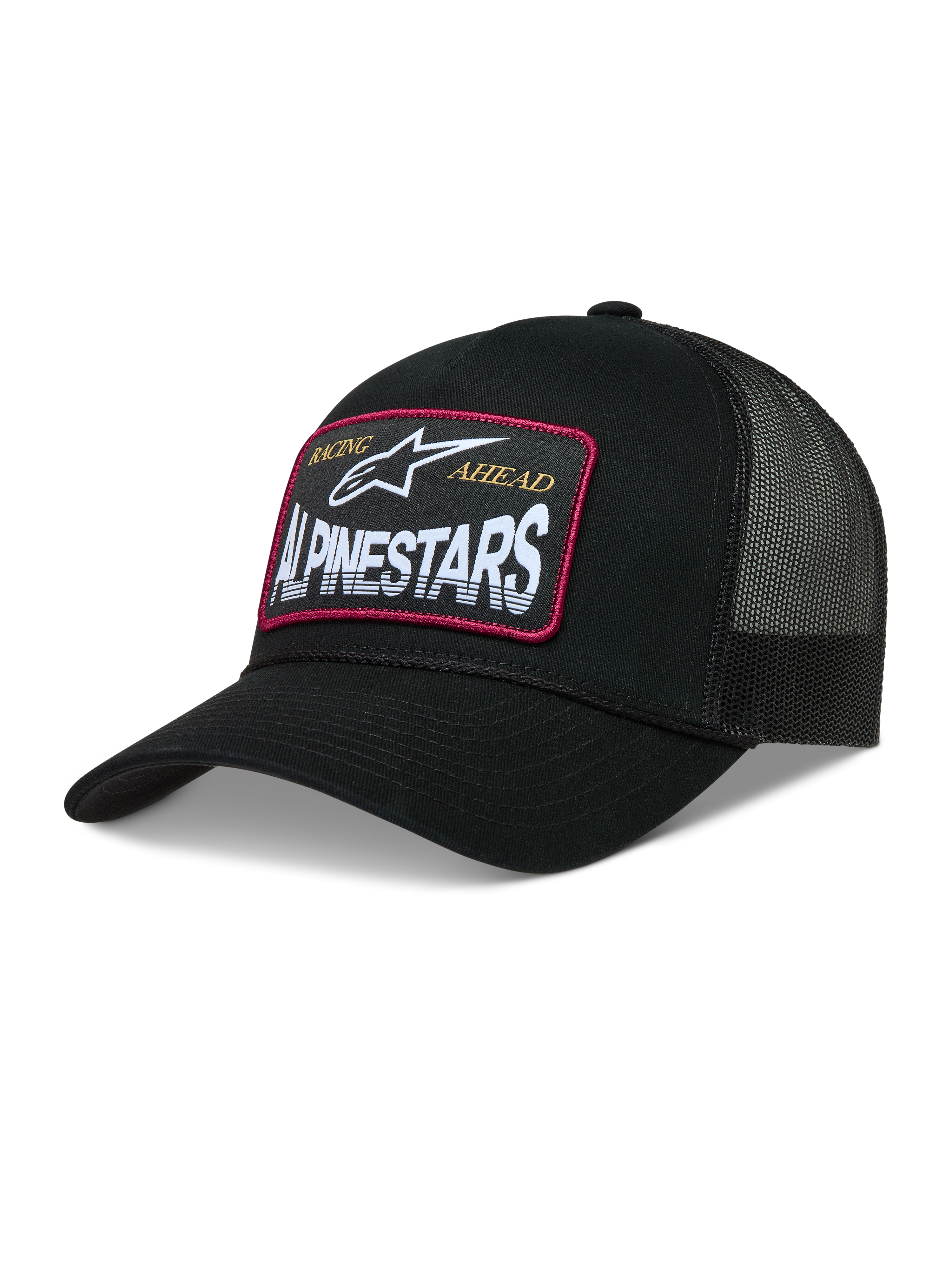 Alpinestars Hemmings Trucker Hat, Black sportswear cap with breathable mesh back and front woven logo patch.