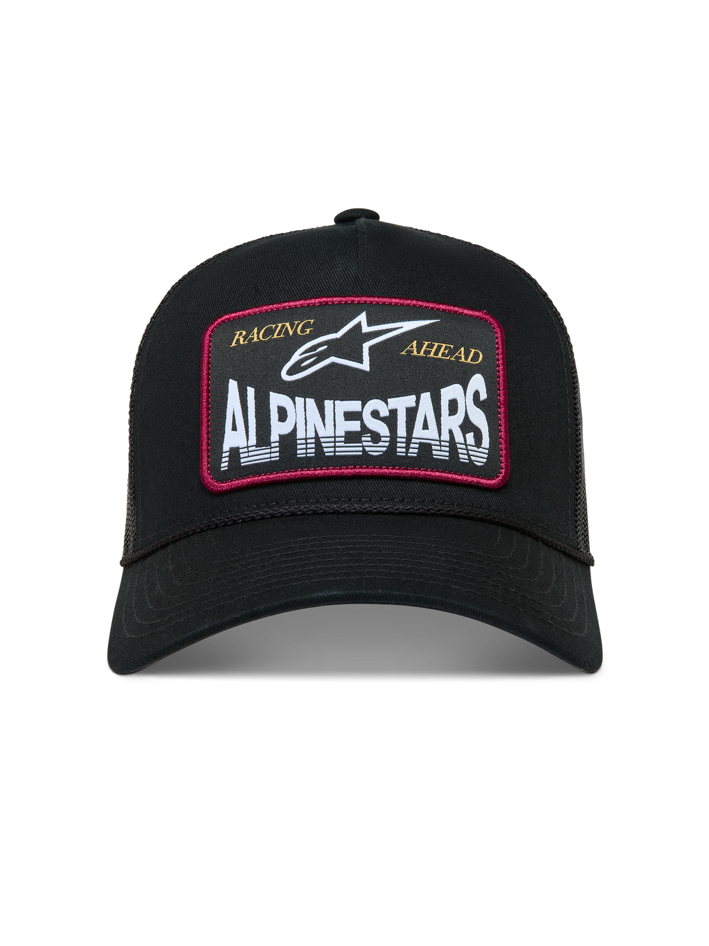 Alpinestars Hemmings Trucker Hat, black sportswear cap with a white logo patch, red accents, and breathable mesh back.