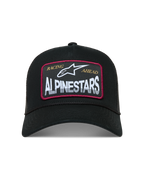 Alpinestars Hemmings Trucker Hat, black sportswear cap with a white logo patch, red accents, and breathable mesh back.