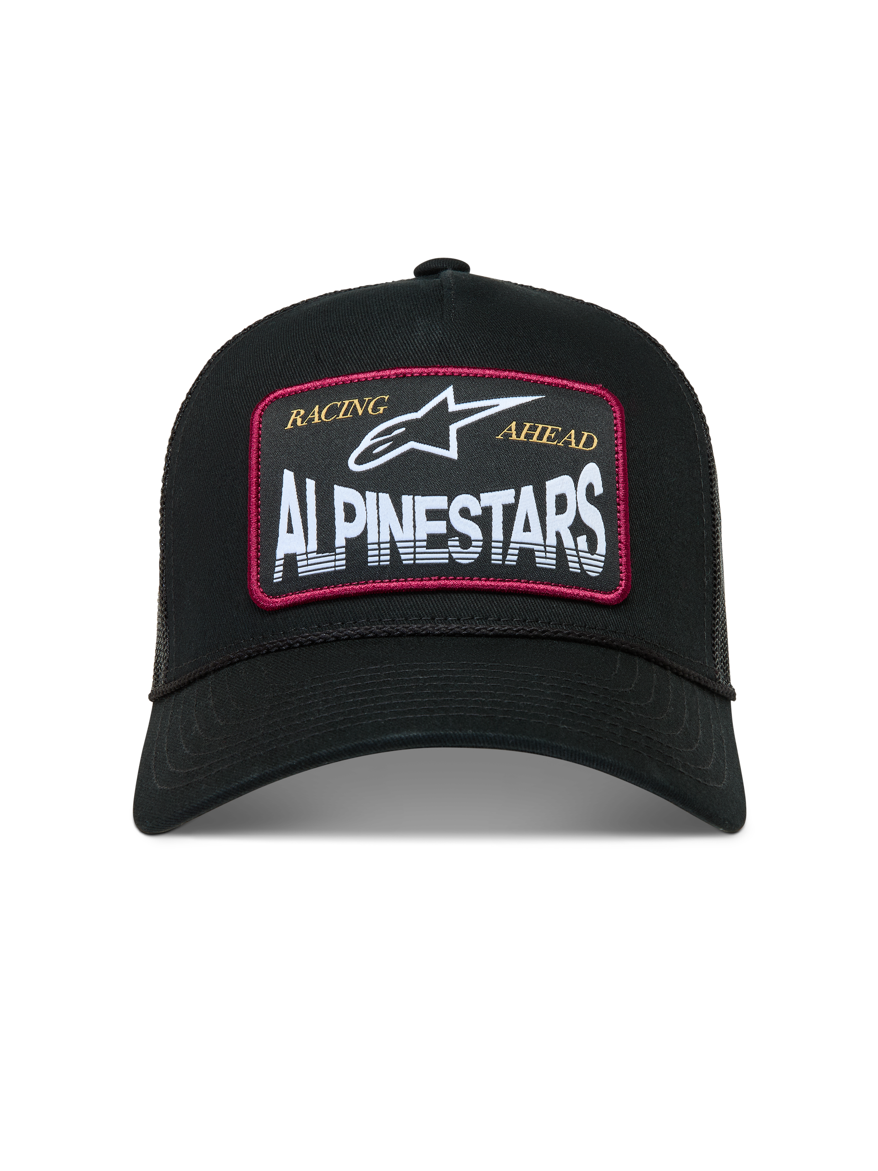 Alpinestars Hemmings Trucker Hat, black sportswear cap with a white logo patch, red accents, and breathable mesh back.