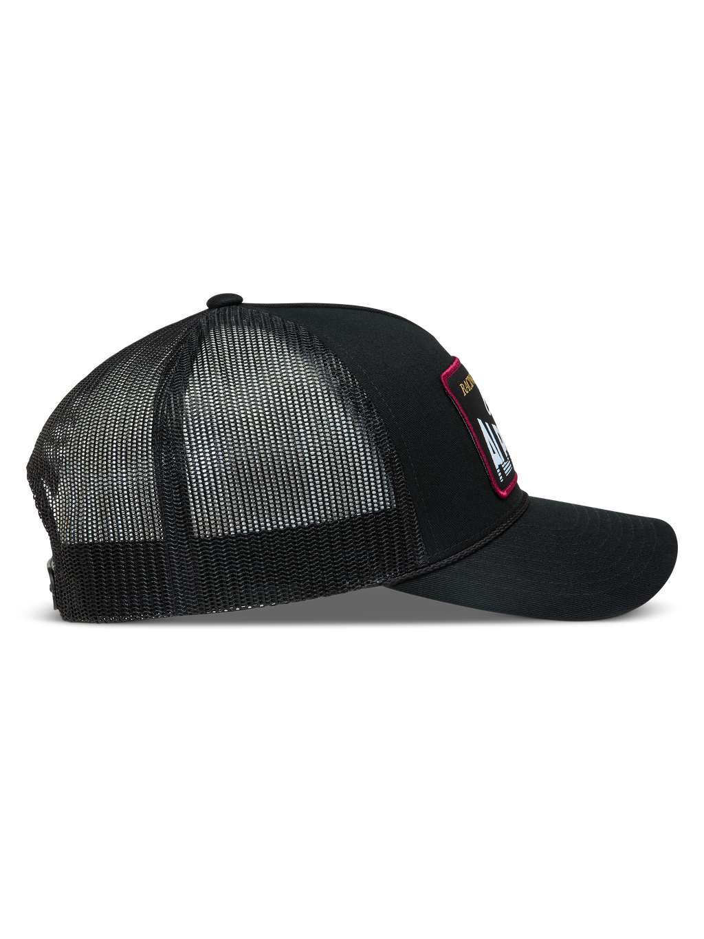 Alpinestars Hemmings Trucker Hat, Black Sportswear Mesh Cap, side view featuring a twill front and breathable poly mesh back.