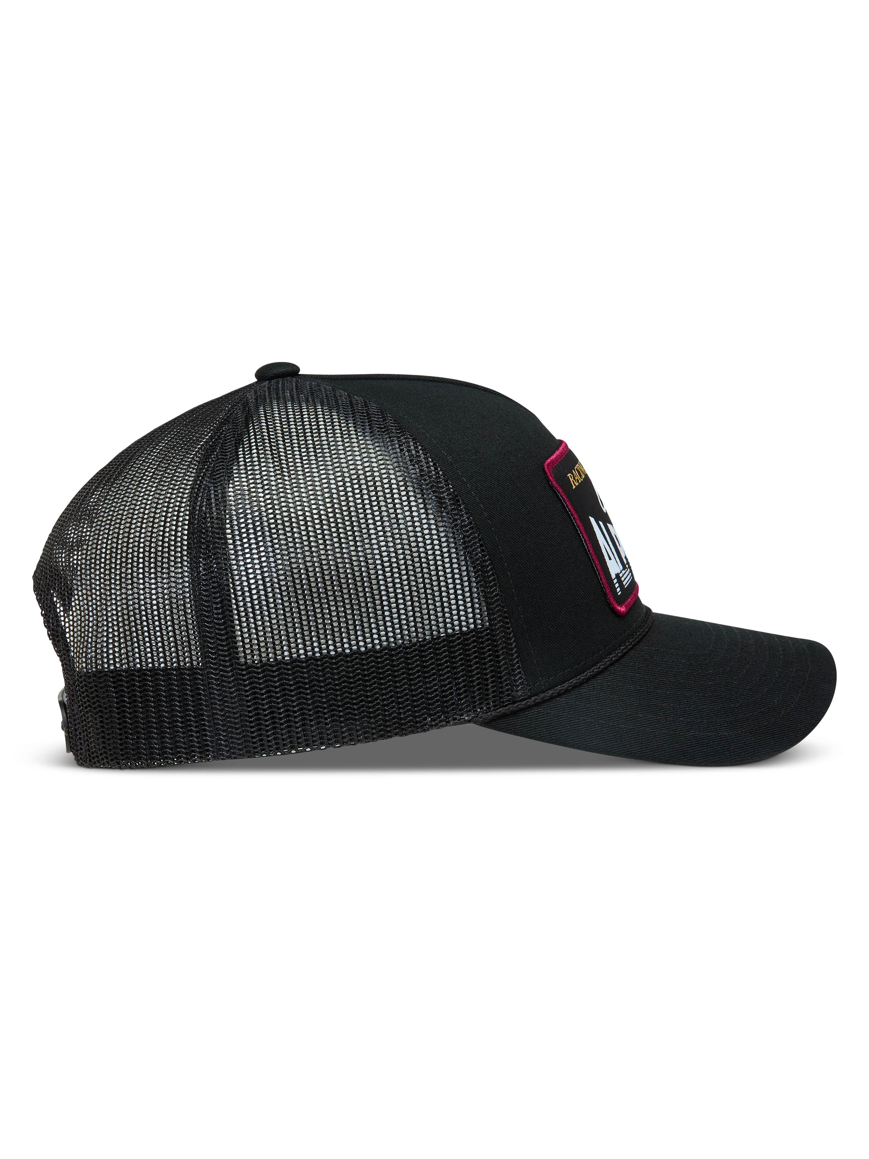 Alpinestars Hemmings Trucker Hat, Black Sportswear Mesh Cap, side view featuring a twill front and breathable poly mesh back.