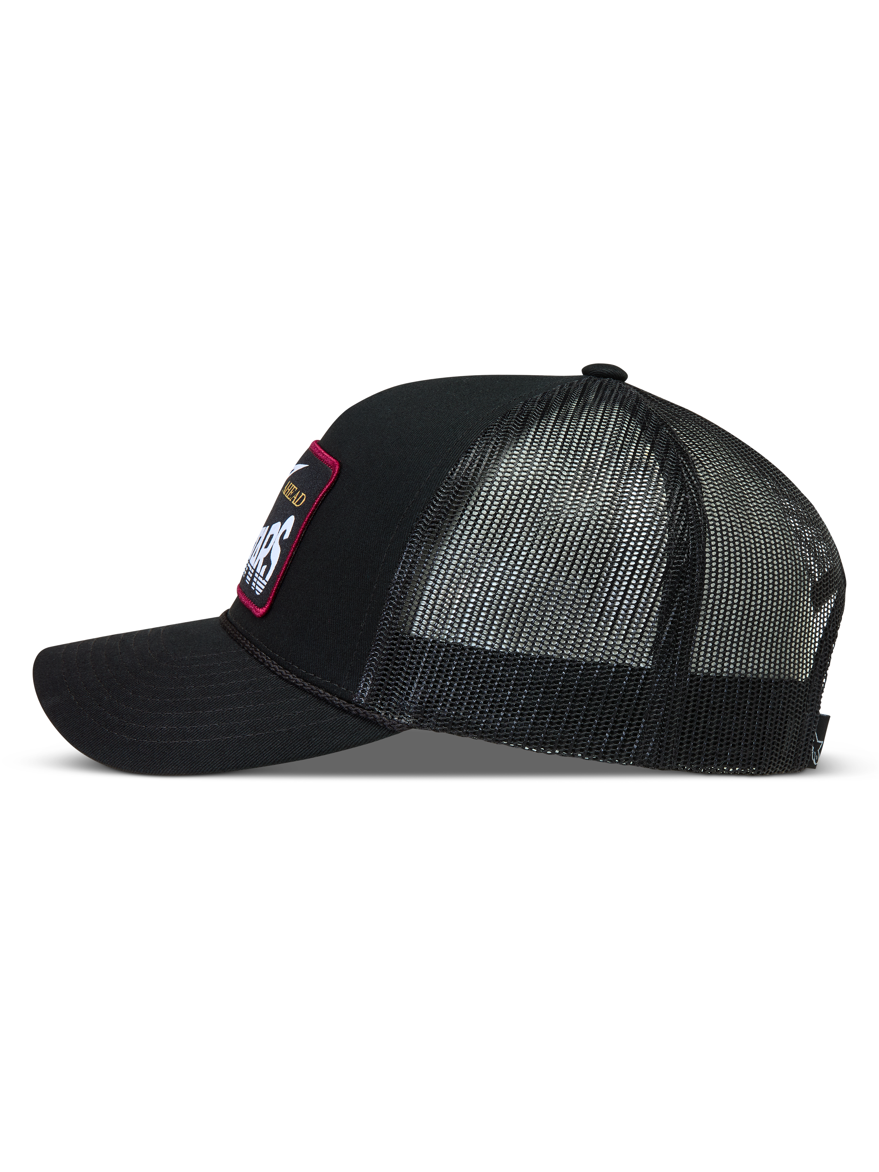 Alpinestars Hemmings Trucker Hat, black sportswear cap with a twill front, breathable mesh back, and curved bill.