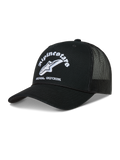 Alpinestars Baron Trucker Hat, black sportswear cap with white embroidered logo, curved bill, and breathable mesh back.