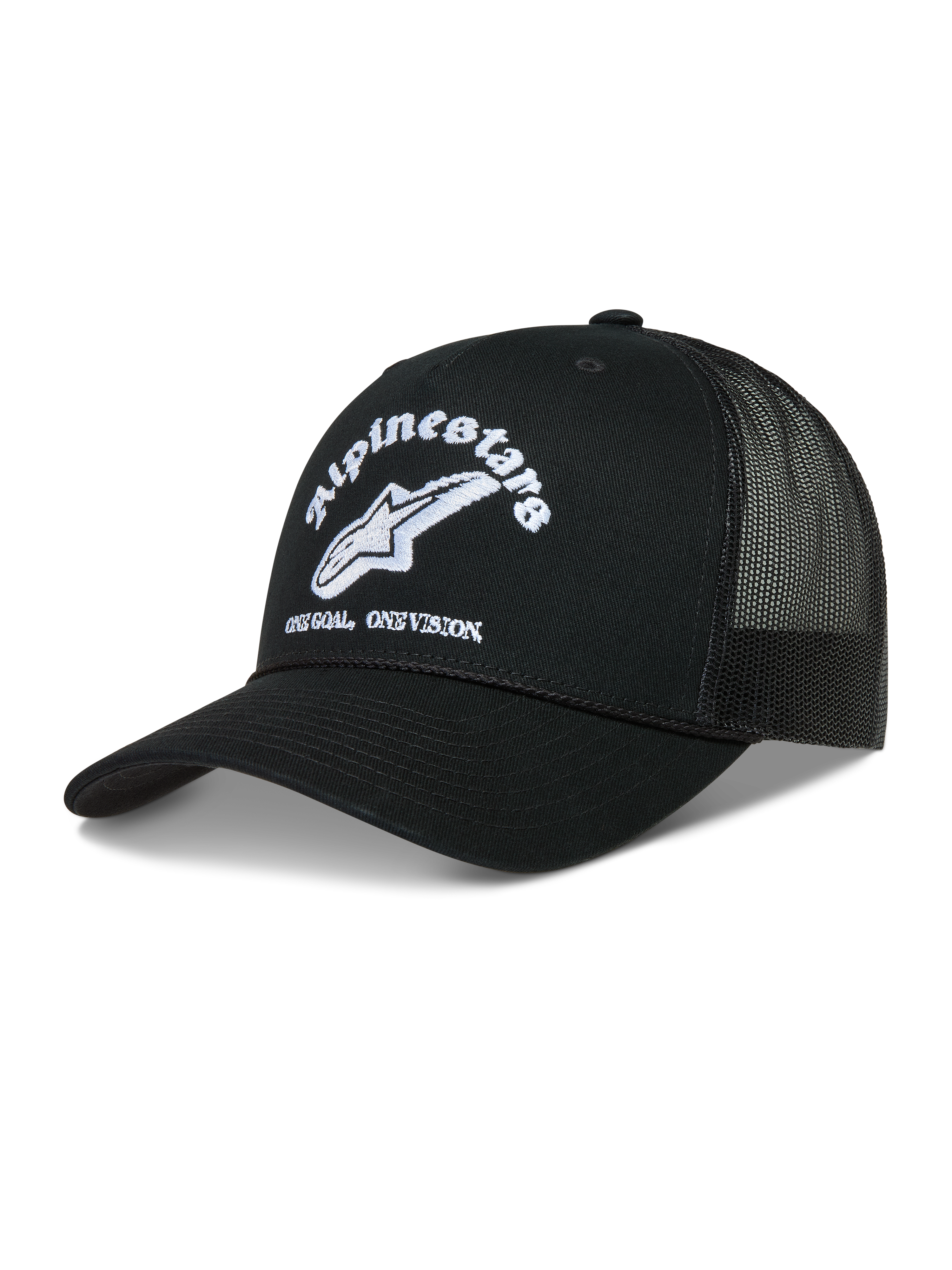 Alpinestars Baron Trucker Hat, black sportswear cap with white embroidered logo, curved bill, and breathable mesh back.