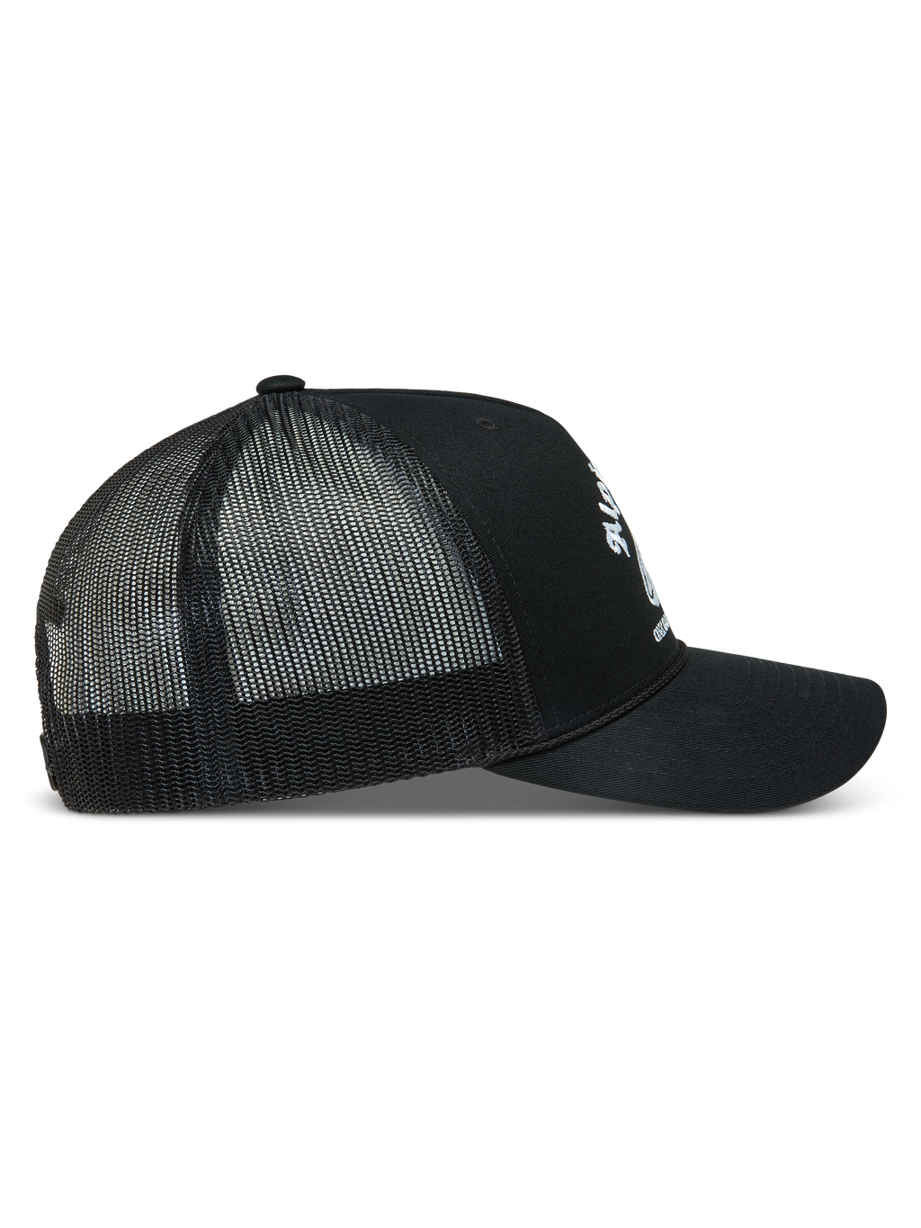 Alpinestars Baron Trucker Hat, Black Sportswear Snapback Cap, side view with white logo, curved bill, and poly mesh back.