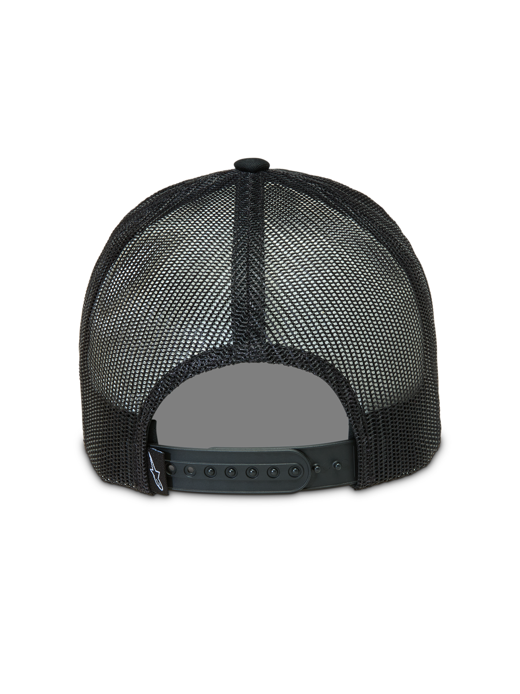 Alpinestars Baron Trucker Hat in black, featuring a breathable poly mesh back and adjustable snapback closure.