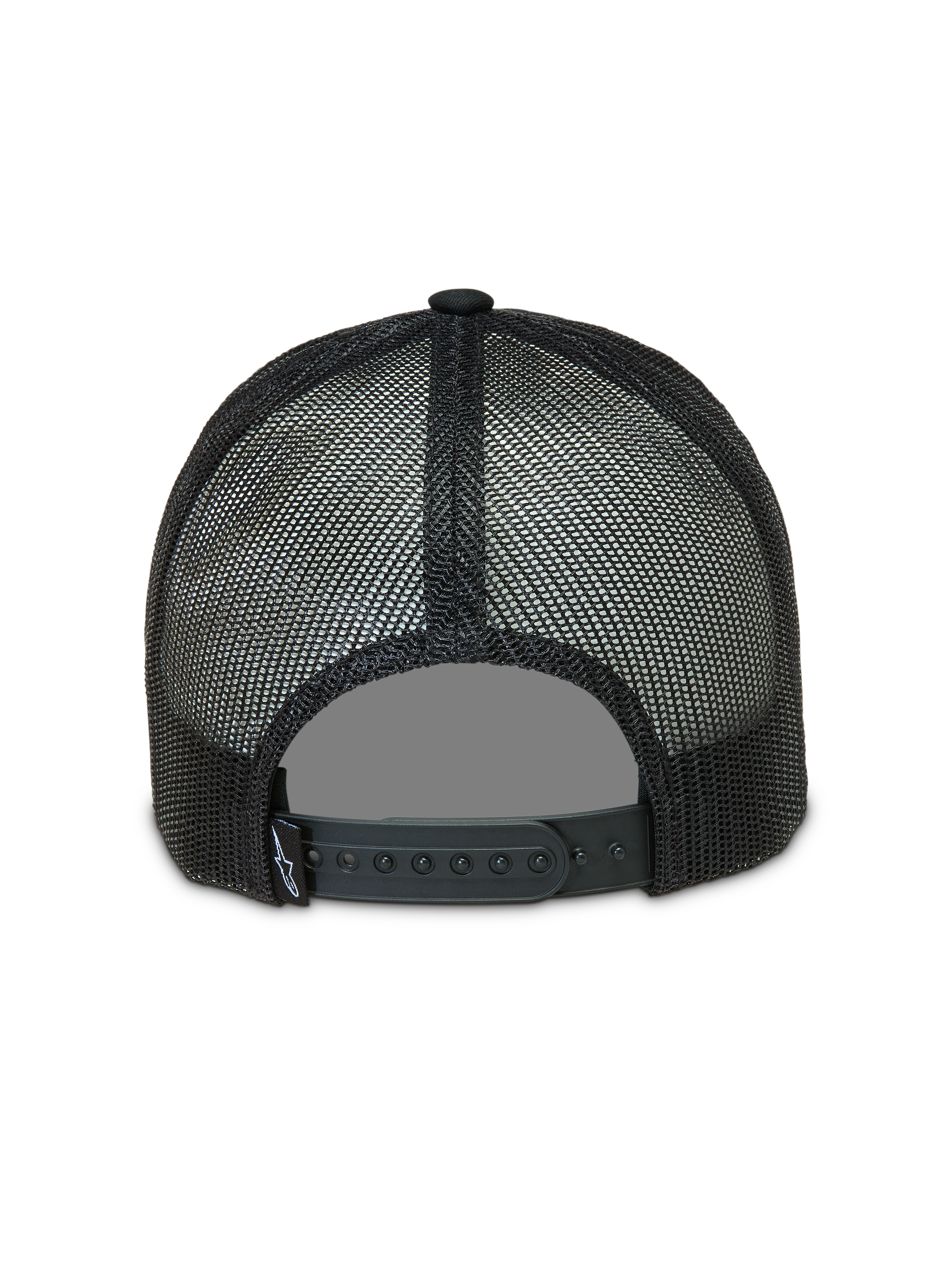 Alpinestars Baron Trucker Hat in black, featuring a breathable poly mesh back and adjustable snapback closure.