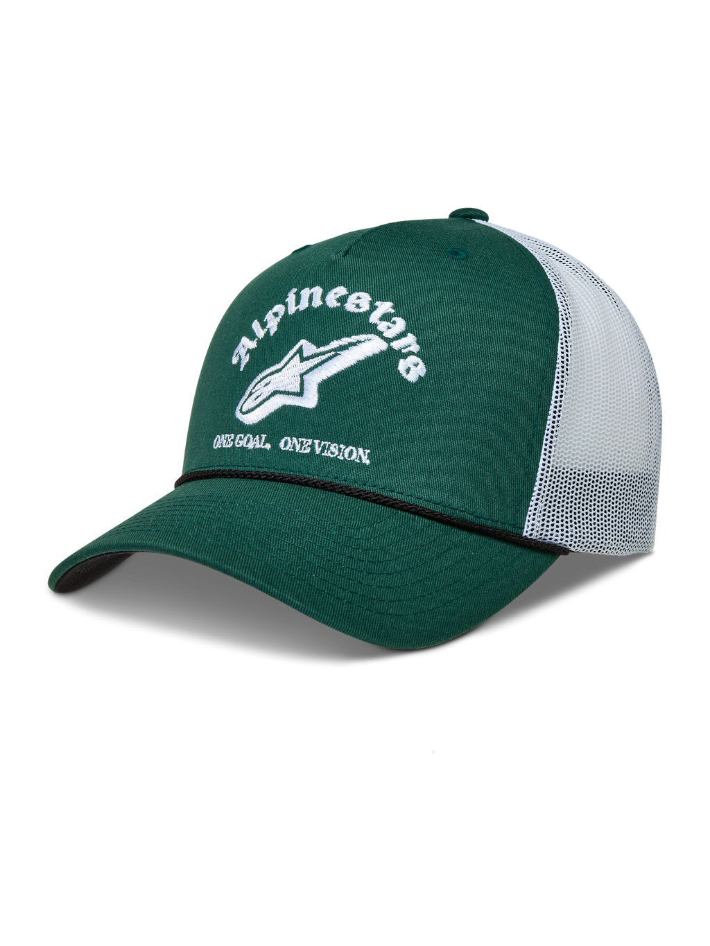 Alpinestars Baron Trucker Hat, green and white sportswear cap with a curved bill, mesh back, and embroidered logo.