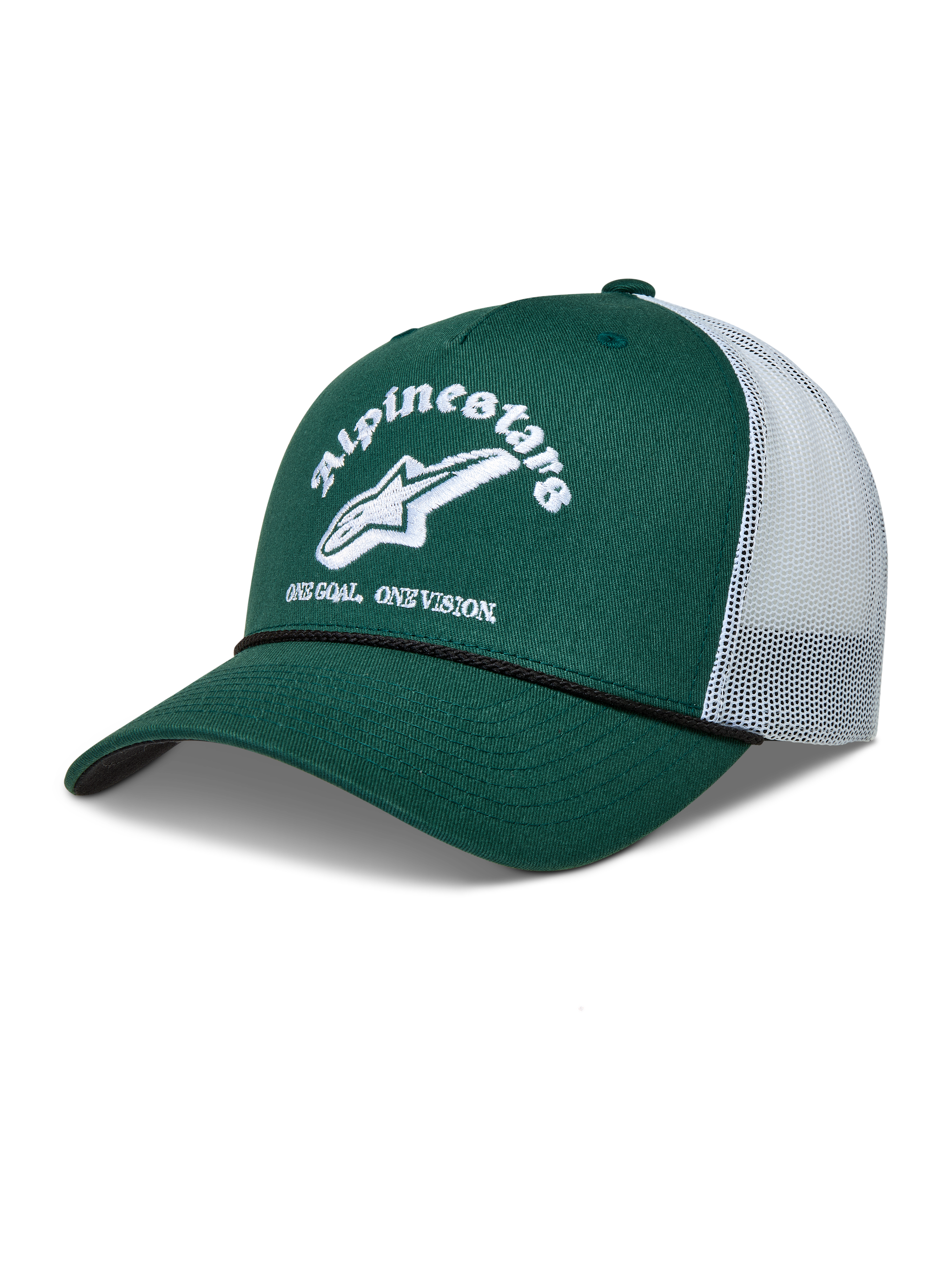 Alpinestars Baron Trucker Hat, green and white sportswear cap with a curved bill, mesh back, and embroidered logo.