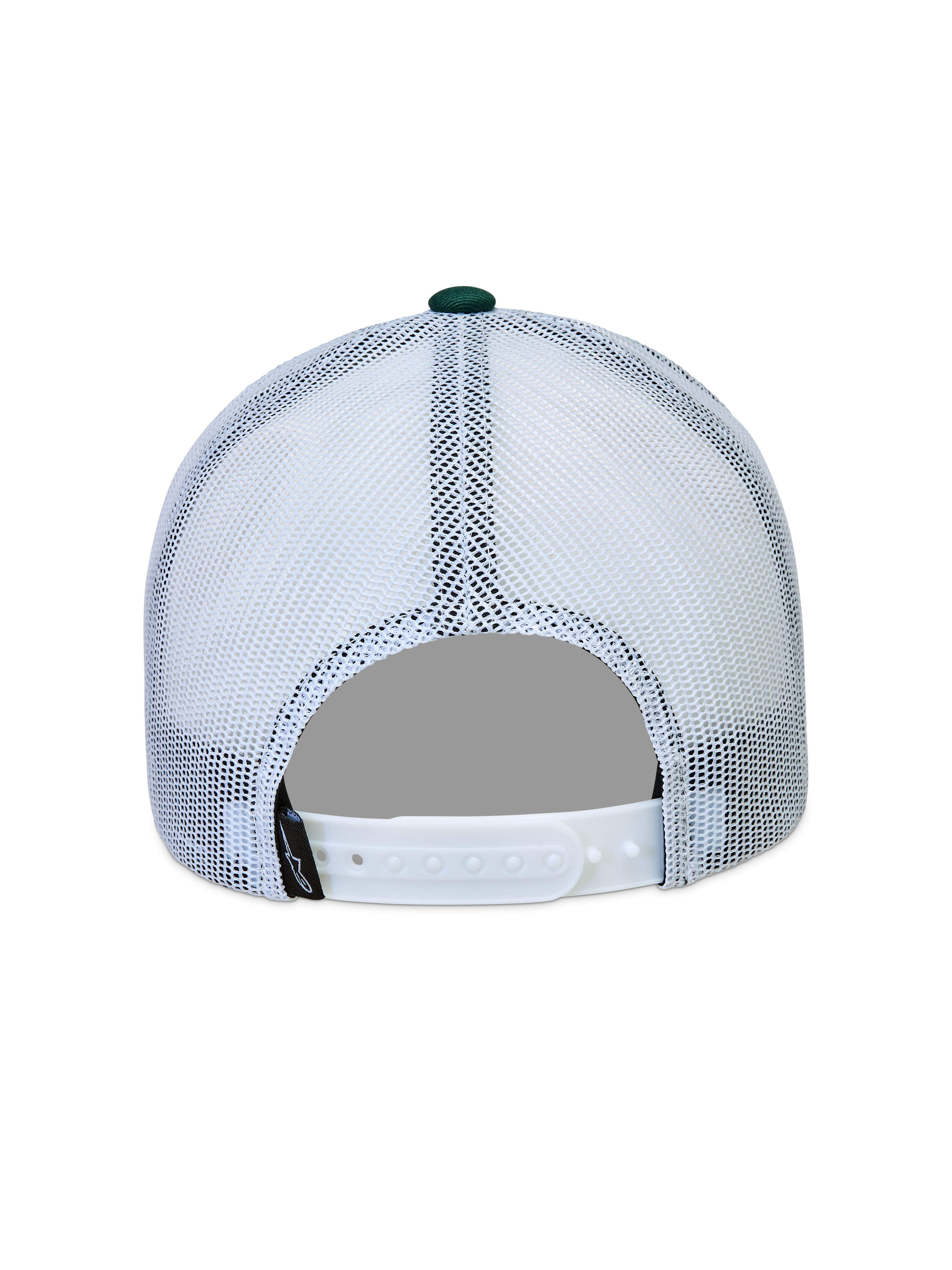 Alpinestars Baron Trucker Hat, white and green sportswear cap, back view with mesh panels and adjustable snapback closure.