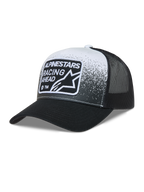 Alpinestars Gravel Trucker Hat, black and white mesh cap with a curved bill and Alpinestars Racing Ahead woven patch.