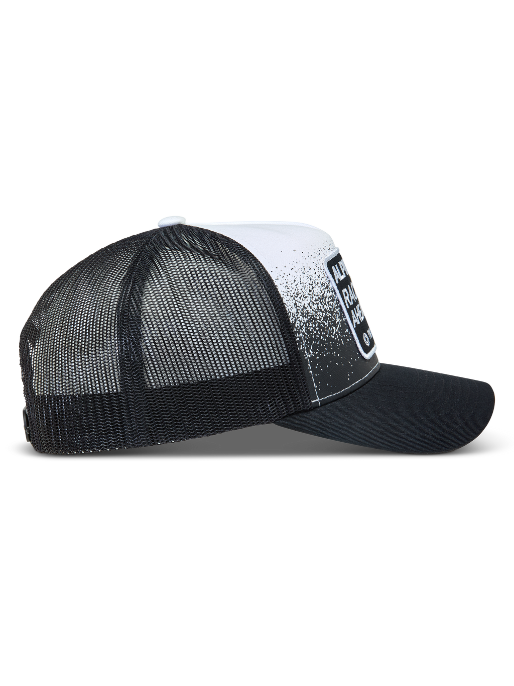 Alpinestars Gravel Trucker Hat, Black and White Sportswear Cap with mesh back, curved bill, and race-inspired gravel print.
