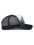 Alpinestars Gravel Trucker Hat, Black and White Sportswear Cap with mesh back, curved bill, and race-inspired gravel print.