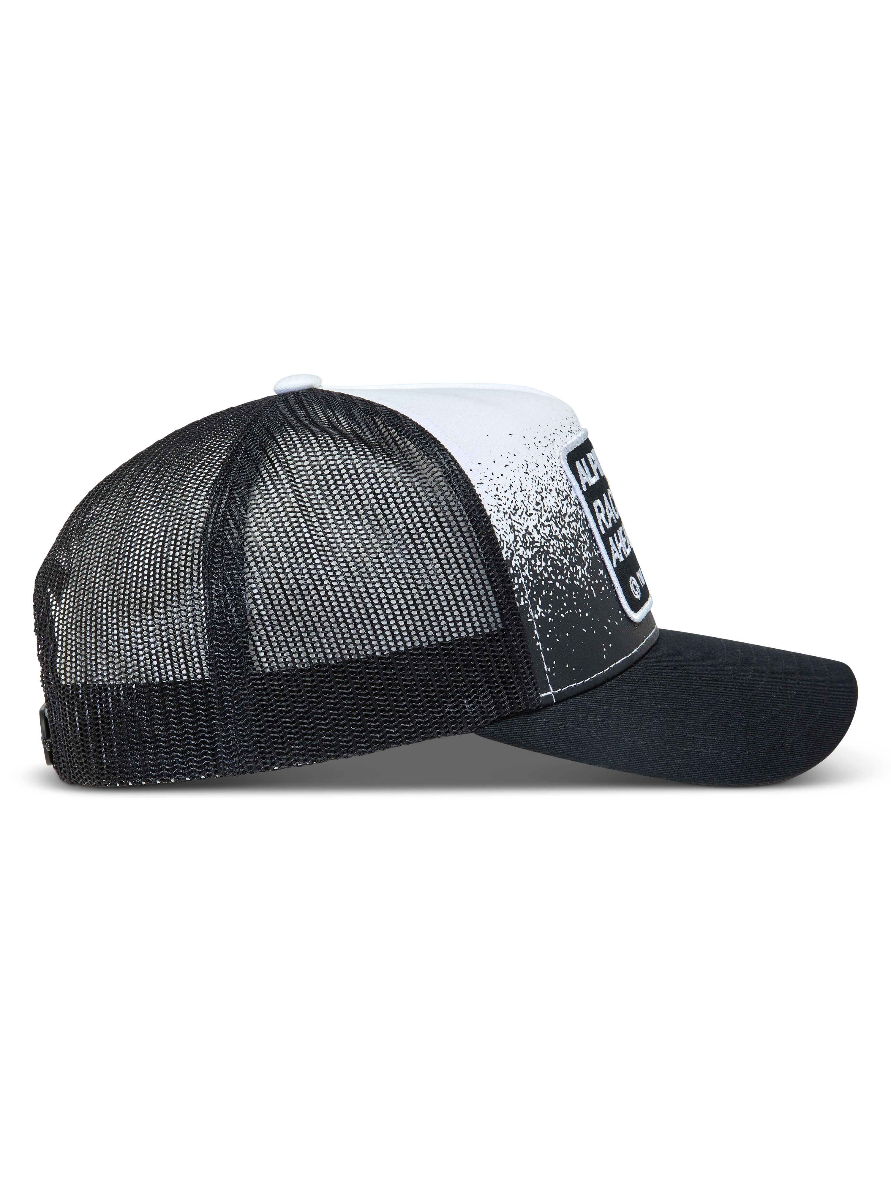 Alpinestars Gravel Trucker Hat, Black and White Sportswear Cap with mesh back, curved bill, and race-inspired gravel print.