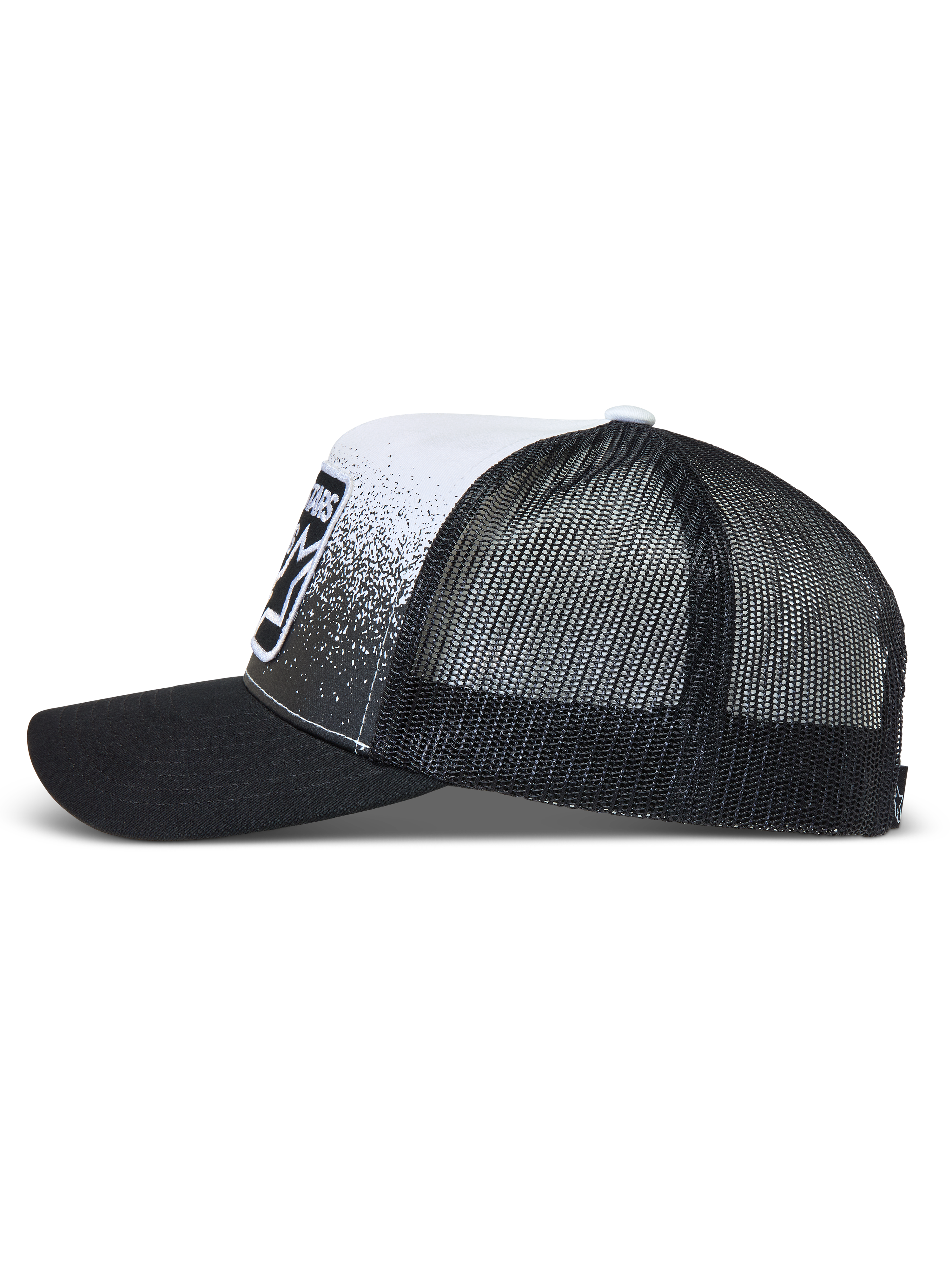 Alpinestars Gravel Trucker Hat in Black and White, breathable mesh sportswear cap with curved bill and gravel-texture patch.