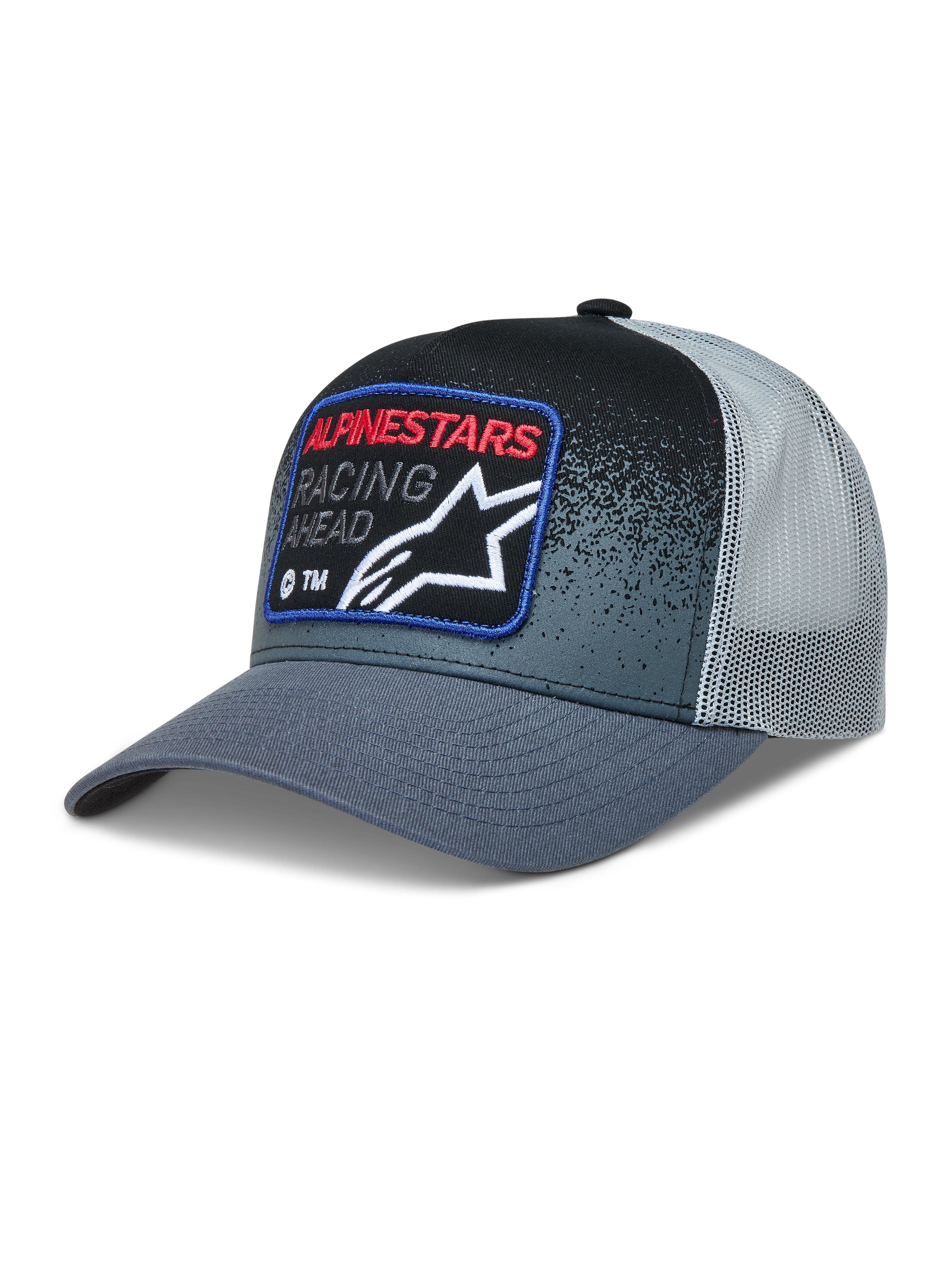 Alpinestars Gravel Trucker Hat in Dark Gray and Black, with a curved bill, mesh back, and a race-inspired woven patch.