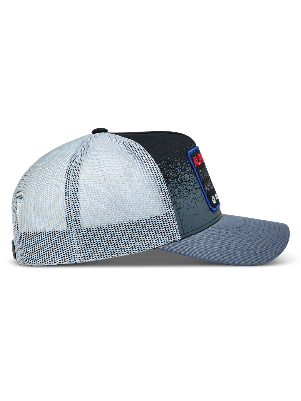 Alpinestars Gravel Trucker Hat, gray and black curved bill cap with white mesh back and side woven patch.
