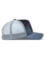 Alpinestars Gravel Trucker Hat, gray and black curved bill cap with white mesh back and side woven patch.