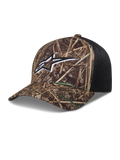 Alpinestars Thicket Realtree Trucker Hat, Camo and Black Sportswear Cap with embroidered Astars logo, curved bill and breathable mesh back.