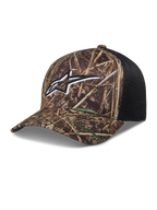 Alpinestars Thicket Realtree Trucker Hat, Camo and Black Sportswear Cap with embroidered Astars logo, curved bill and breathable mesh back.