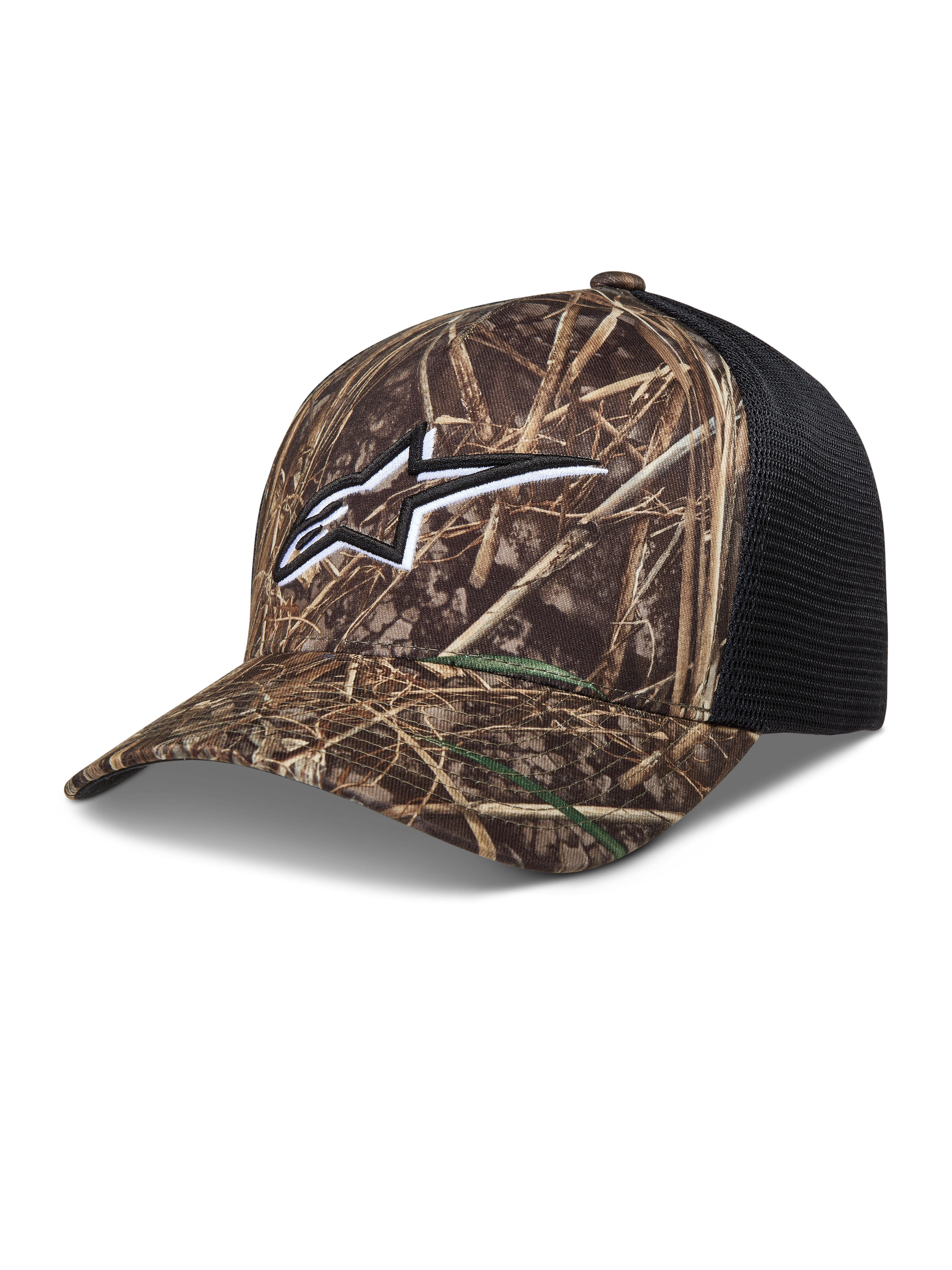 Alpinestars Thicket Realtree Trucker Hat, Camo and Black Sportswear Cap with embroidered Astars logo, curved bill and breathable mesh back.