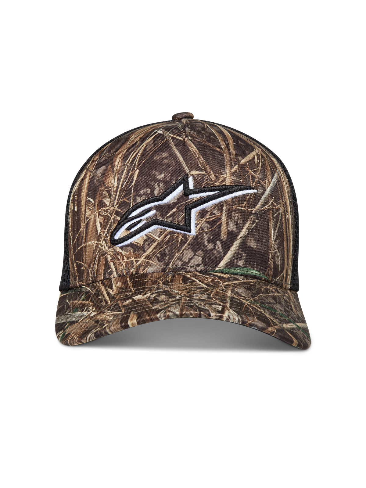 Alpinestars Thicket Realtree Trucker Hat, camo and black sportswear cap with a white embroidered logo and mesh back.