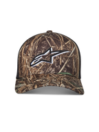 Alpinestars Thicket Realtree Trucker Hat, camo and black sportswear cap with a white embroidered logo and mesh back.