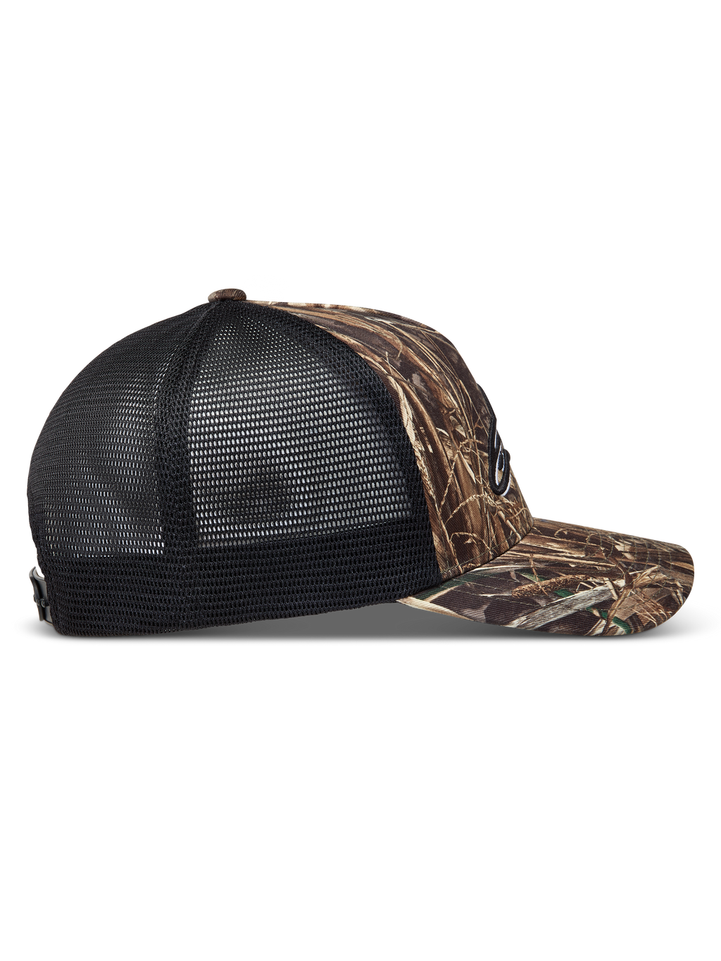 Alpinestars Thicket Realtree Trucker Hat in Camo and Black, side view featuring a curved bill and breathable mesh back.