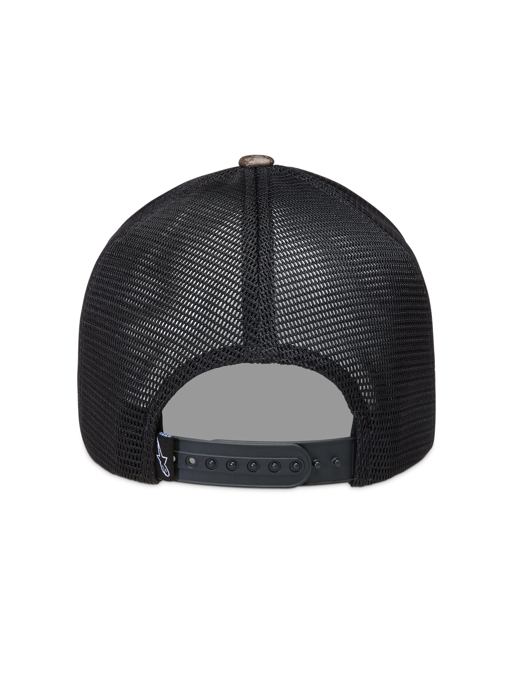 Alpinestars Thicket Realtree Trucker Hat, black mesh sportswear cap with an adjustable snapback closure, rear view.