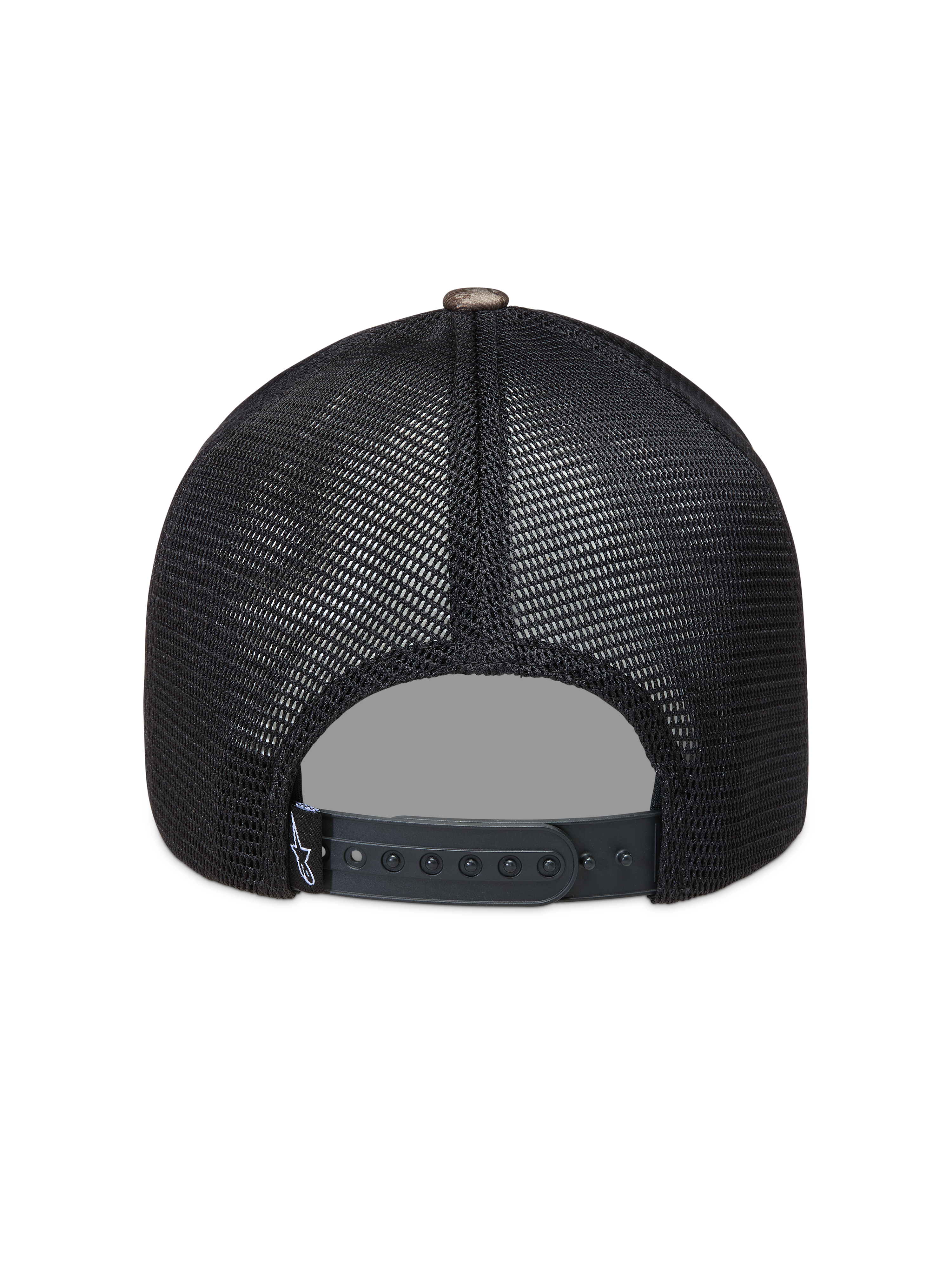 Alpinestars Thicket Realtree Trucker Hat, black mesh sportswear cap with an adjustable snapback closure, rear view.