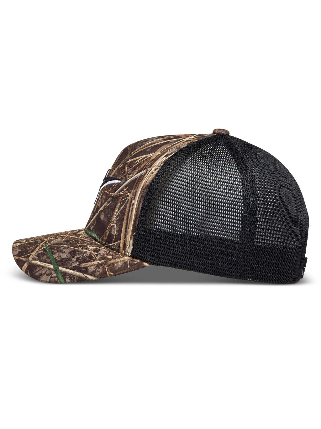 Alpinestars Thicket Realtree Trucker Hat, Camo and Black, with a curved bill and structured mesh back.