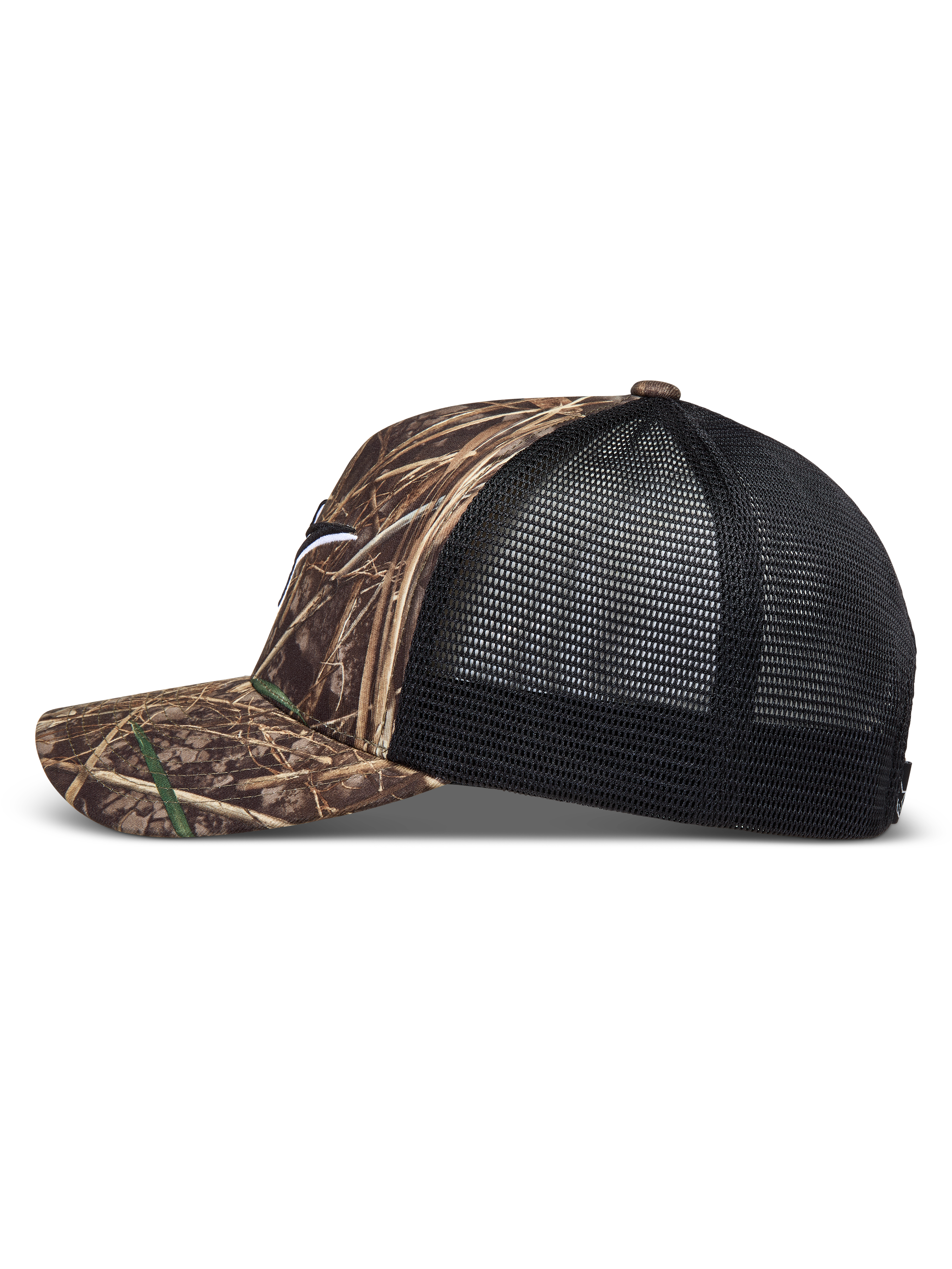 Alpinestars Thicket Realtree Trucker Hat, Camo and Black, with a curved bill and structured mesh back.