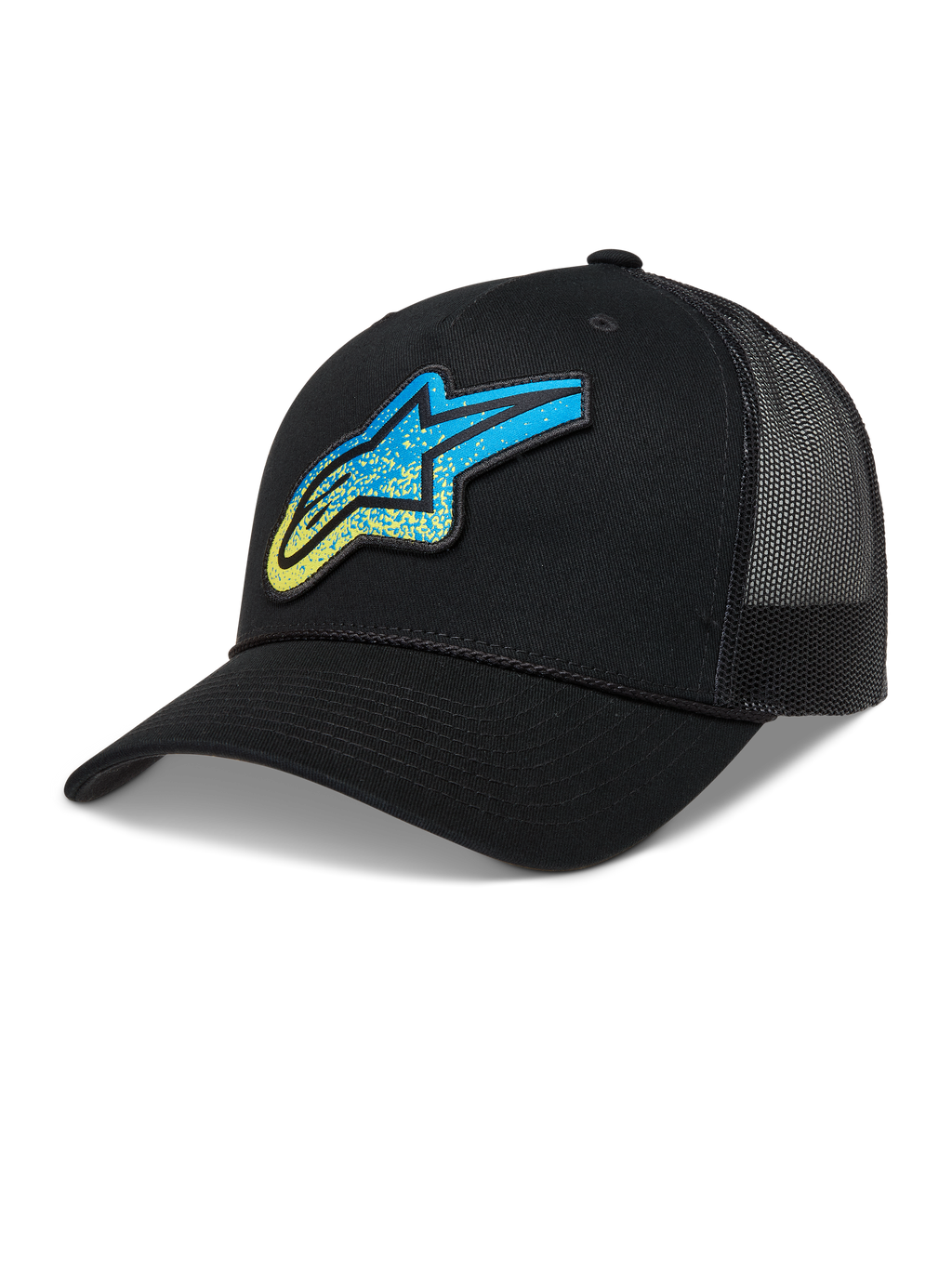 Alpinestars Meteorite Trucker Hat, Black Sportswear Cap with Blue and Yellow gravel texture Astars logo and mesh back.