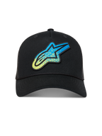 Alpinestars Meteorite Trucker Hat, black sportswear cap with a blue and yellow gravel texture Astar logo and mesh back.